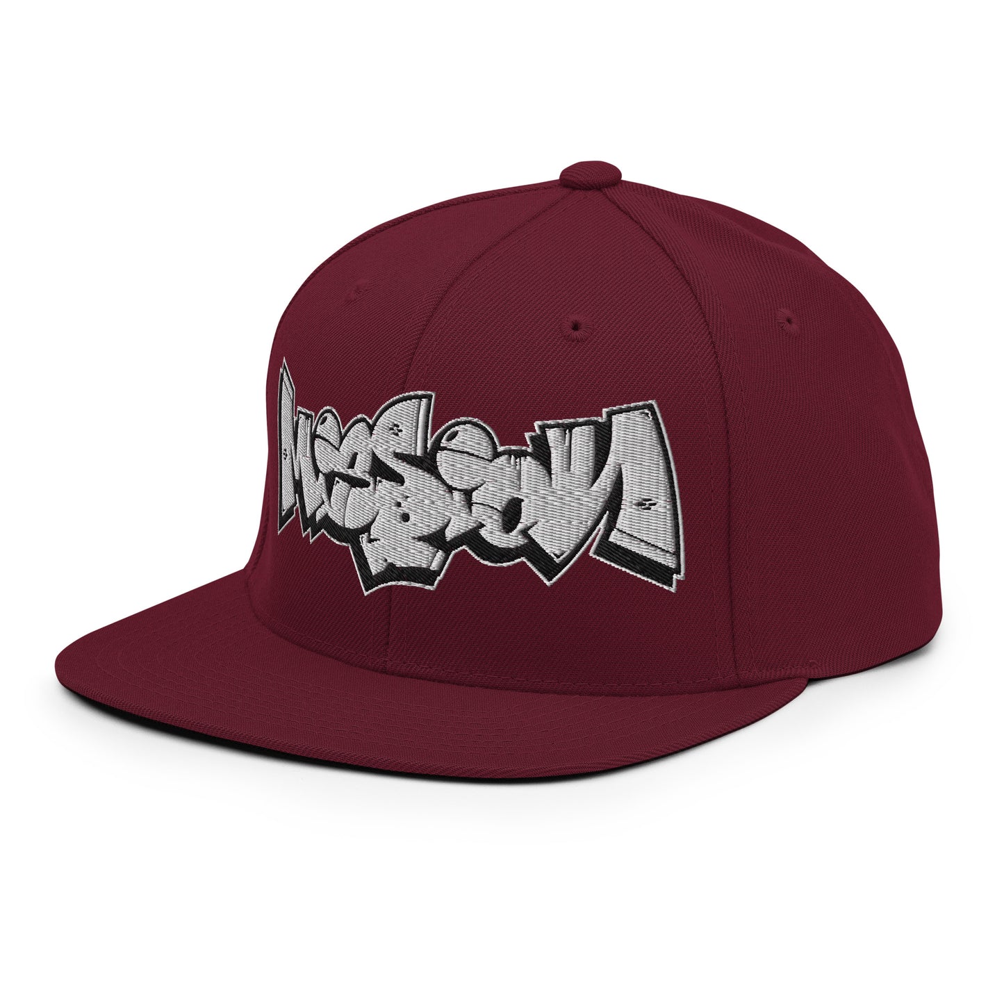 Maroon-Mission Graffiti Piece Snapback Hat from B.Different Clothing, 3/4 left view, graffiti-inspired streetwear