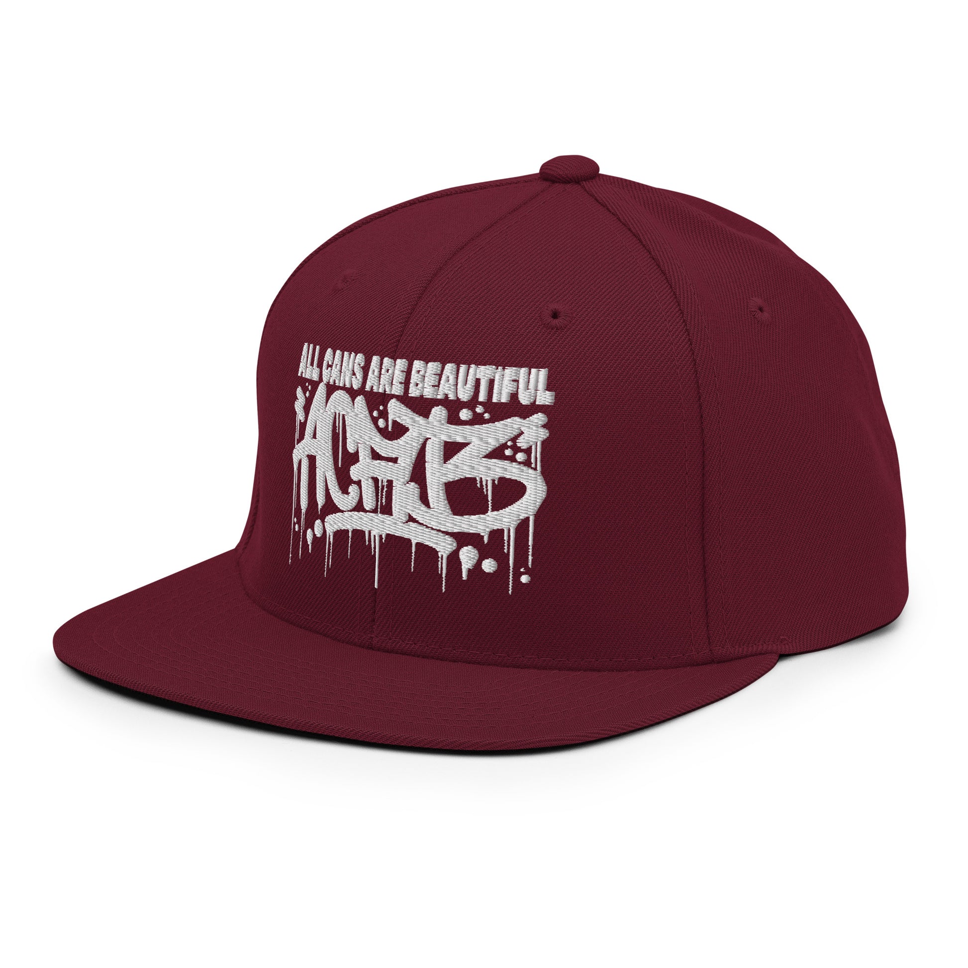 Maroon-ACAB Graffiti Tag Snapback Hat from B.Different Clothing, 3/4 left view, graffiti-inspired streetwear