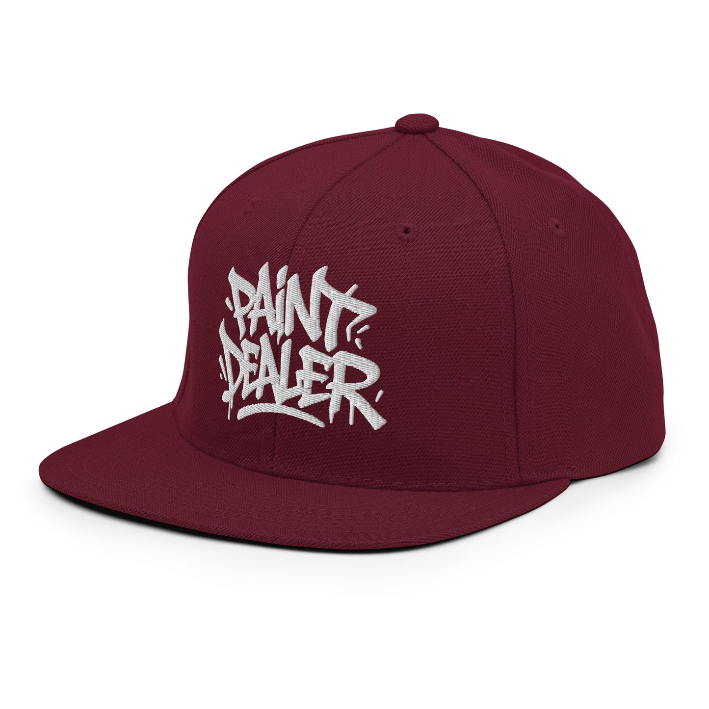 Maroon-Paint Dealer Graffiti Tag Snapback Hat from B.Different Clothing, 3/4 left view, graffiti-inspired streetwear