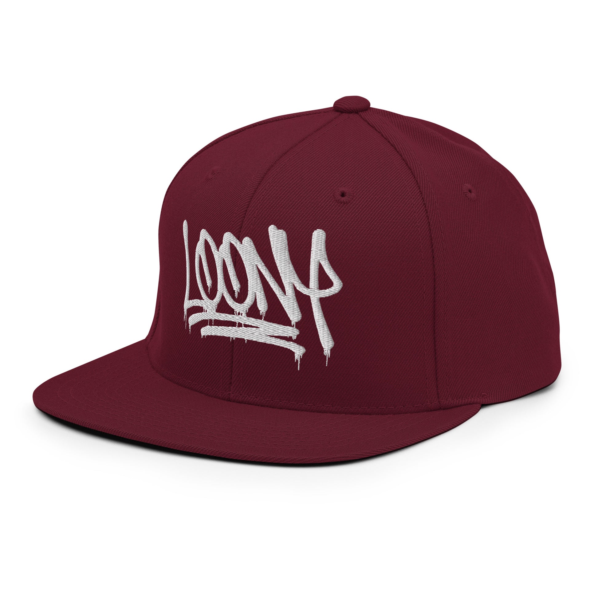 Maroon-Loony Graffiti Tag Snapback Hat from B.Different Clothing, 3/4 left view, graffiti-inspired streetwear