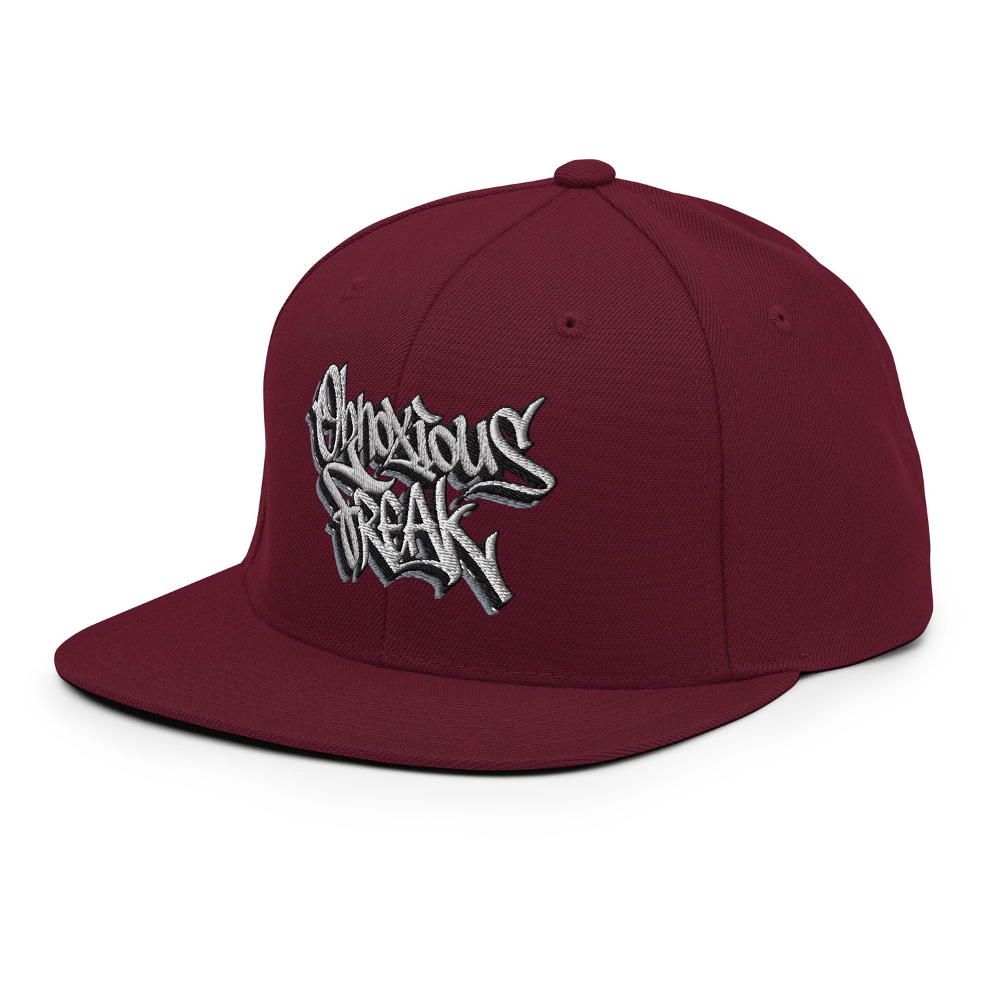 Maroon-Obnoxious Freak Graffiti Snapback Hat from B.Different Clothing, 3/4 left view, graffiti-inspired streetwear