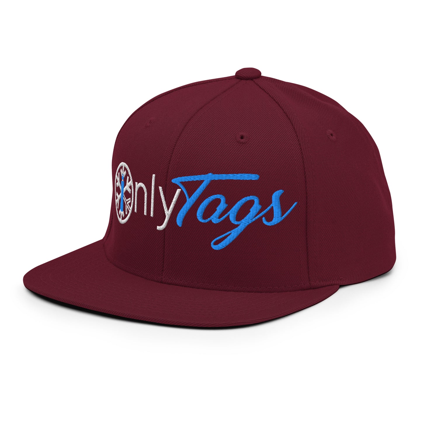 Maroon-Only Tags Graffiti Snapback Hat from B.Different Clothing, 3/4 left view, graffiti-inspired streetwear