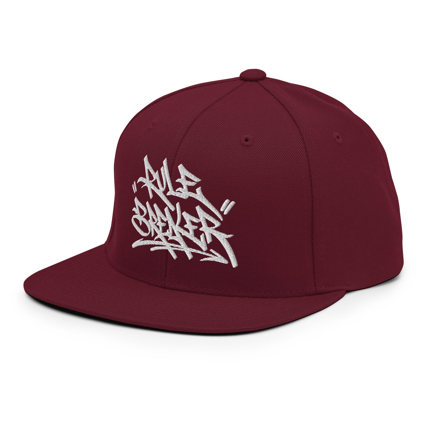 Maroon-Rule Breaker Graffiti Tag Snapback Hat from B.Different Clothing, left front, graffiti-inspired streetwear