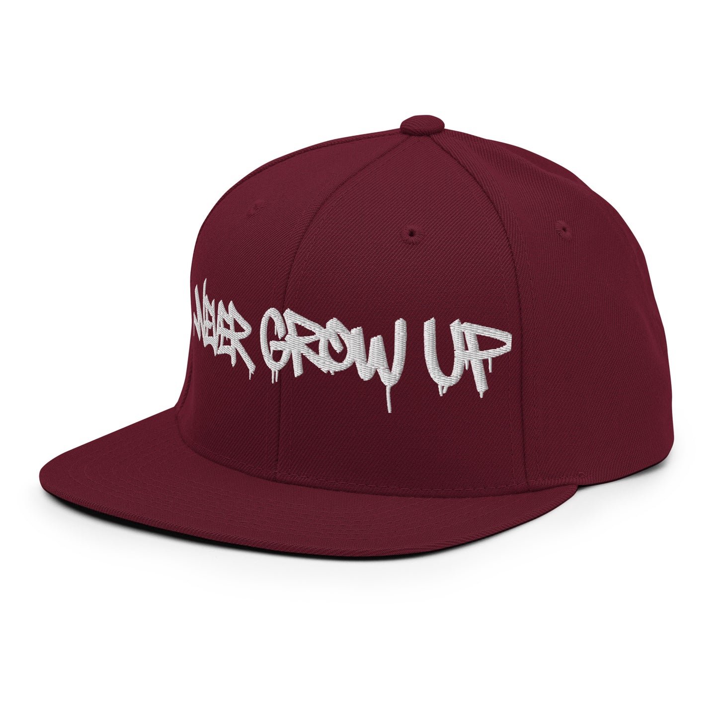 Maroon-Never Grow Up Graffiti Snapback Hat from B.Different Clothing, left front, graffiti-inspired streetwear