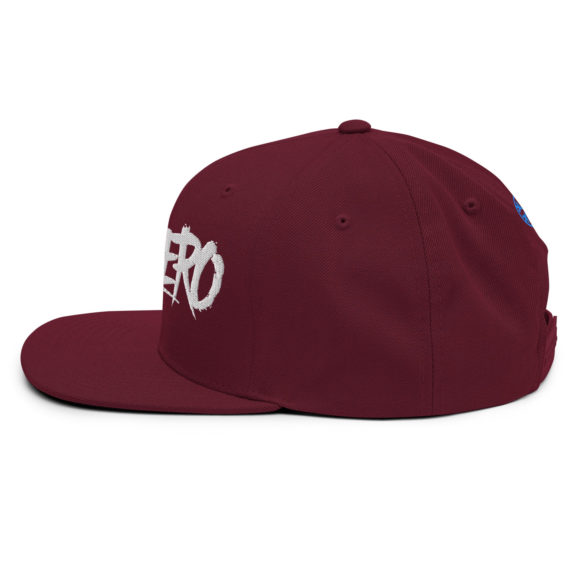 Maroon-Antihero Graffiti Tag Snapback Hat from B.Different Clothing, left view, graffiti-inspired streetwear
