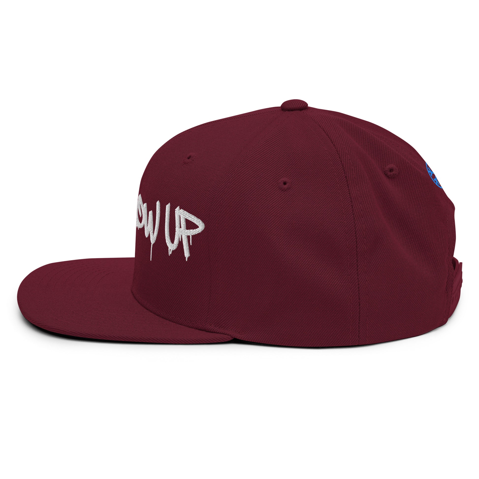 Maroon-Never Grow Up Graffiti Snapback Hat from B.Different Clothing, left side, graffiti-inspired streetwear