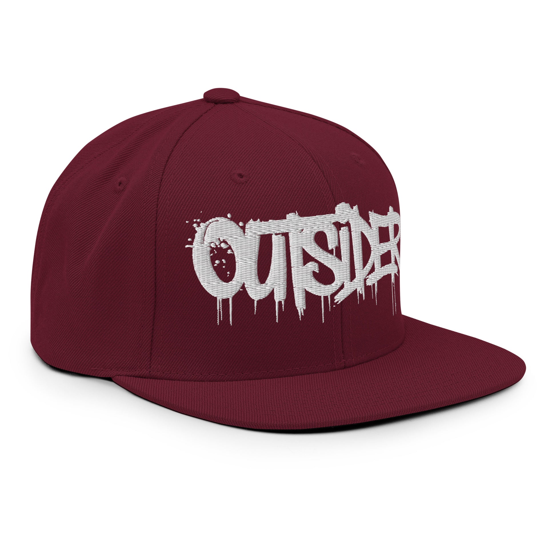 Maroon-Outsider Graffiti Tag Snapback Hat from B.Different Clothing, 3/4 right view, graffiti-inspired streetwear
