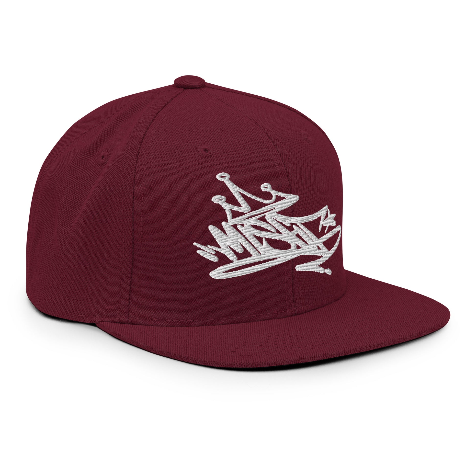 Maroon-Misfit Graffiti Tag Snapback Hat from B.Different Clothing, 3/4 right view, graffiti-inspired streetwear