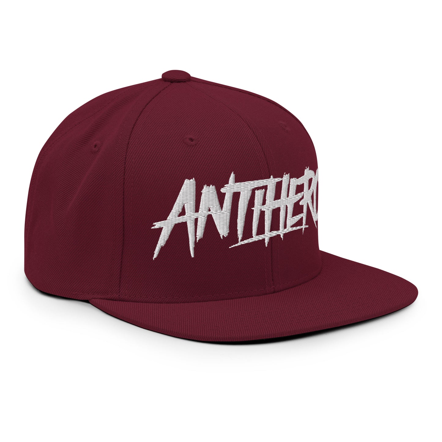 Maroon-Antihero Graffiti Tag Snapback Hat from B.Different Clothing, 3/4 right view, graffiti-inspired streetwear