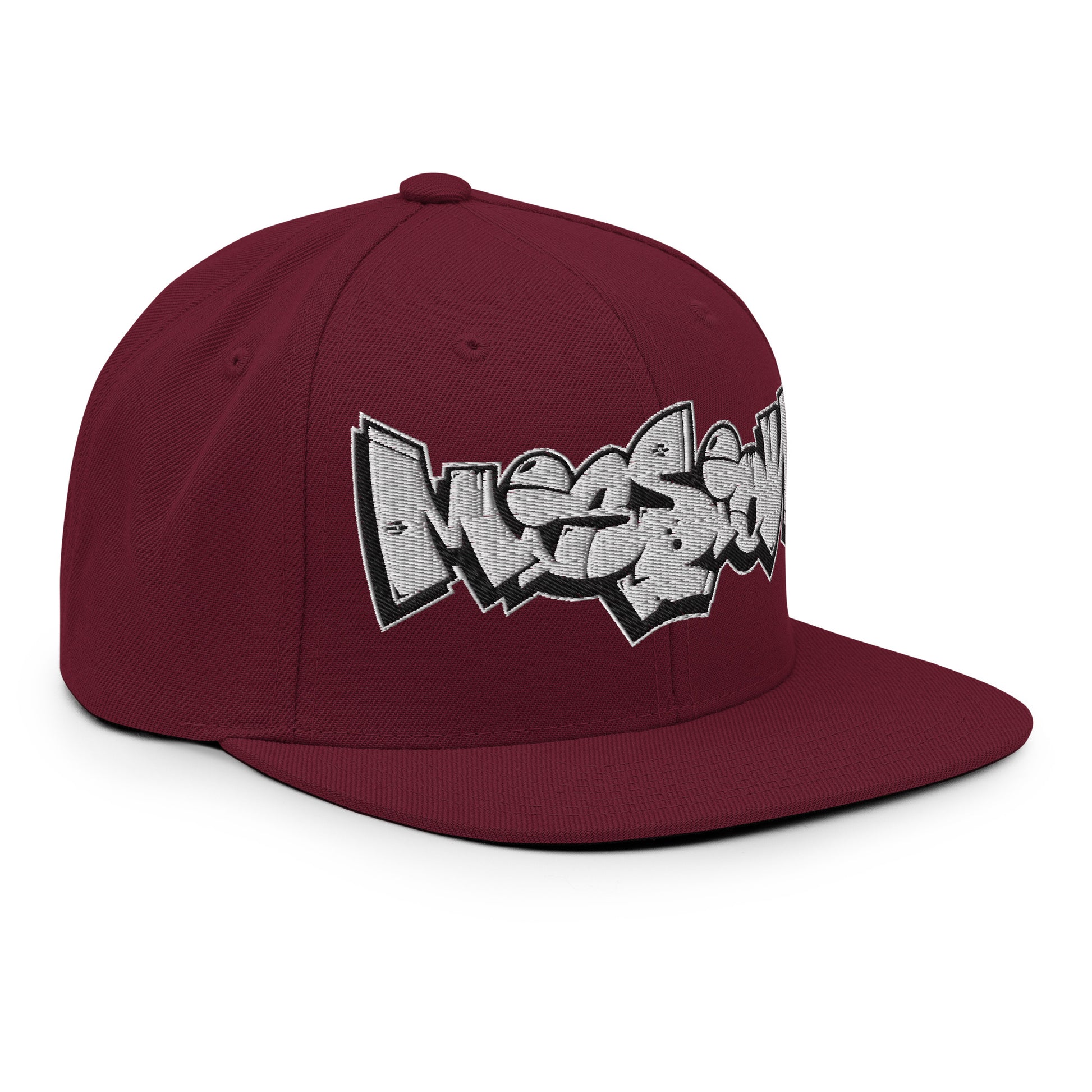 Maroon-Mission Graffiti Piece Snapback Hat from B.Different Clothing, 3/4 right view, graffiti-inspired streetwear