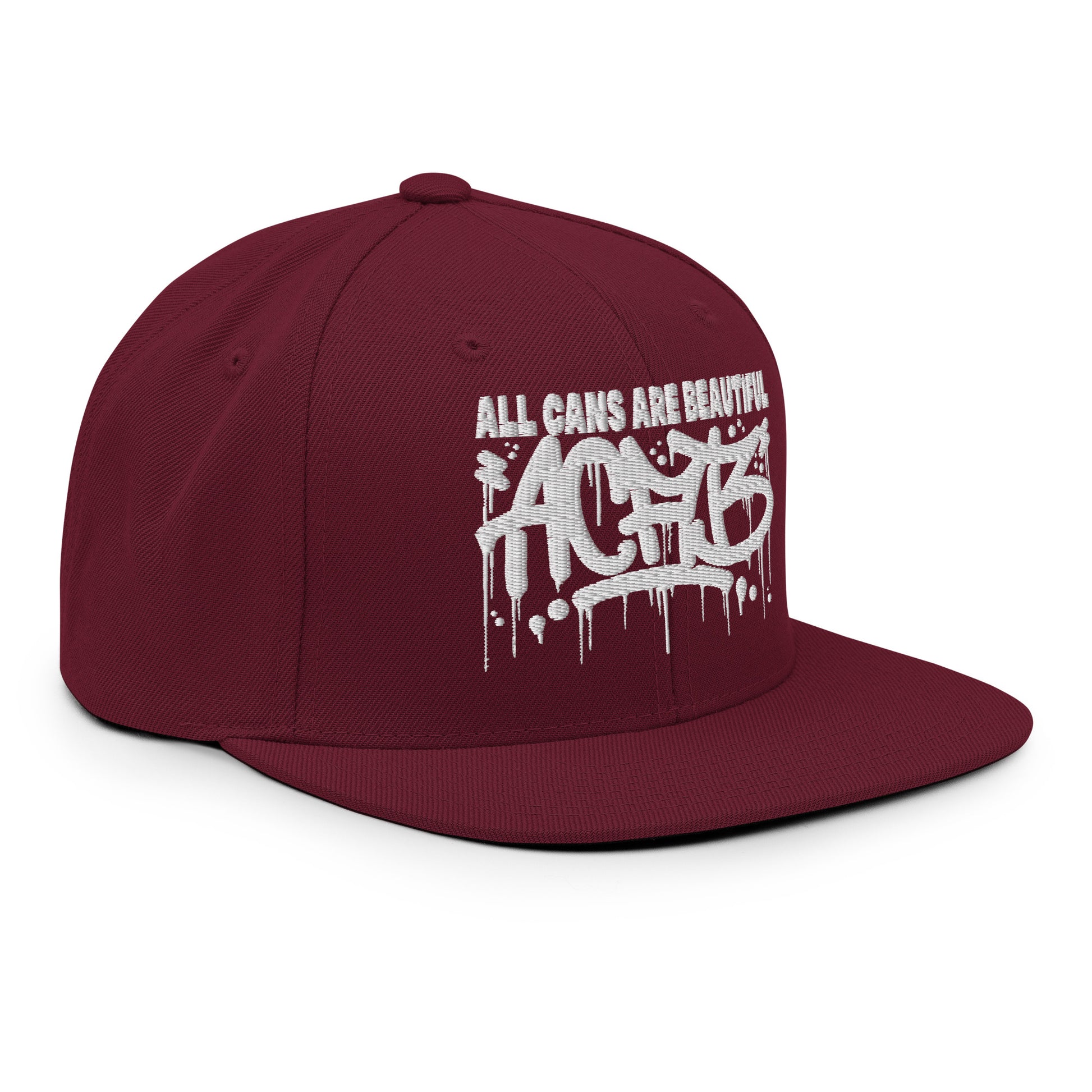 Maroon-ACAB Graffiti Tag Snapback Hat from B.Different Clothing, 3/4 right view, graffiti-inspired streetwear