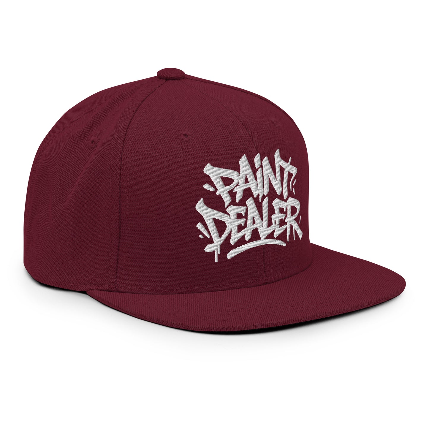 Maroon-Paint Dealer Graffiti Tag Snapback Hat from B.Different Clothing, 3/4 right view, graffiti-inspired streetwear