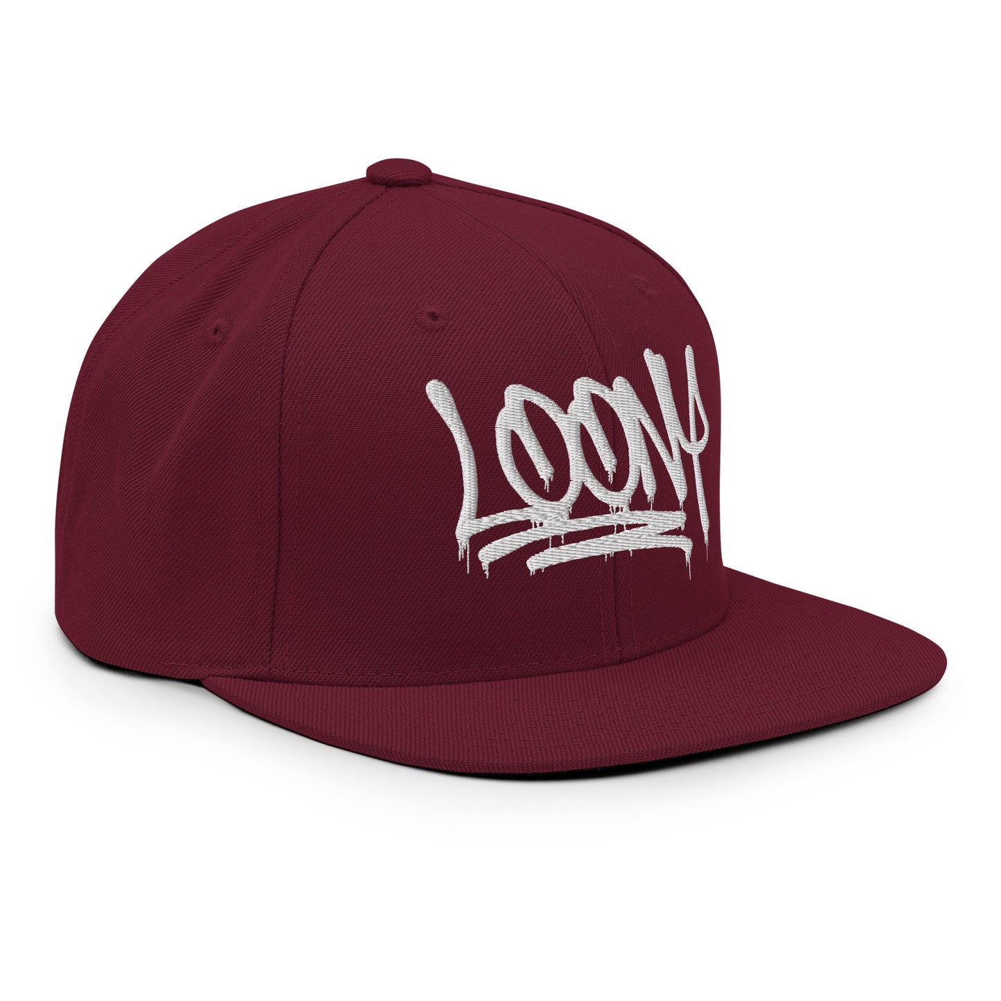 Maroon-Loony Graffiti Tag Snapback Hat from B.Different Clothing, 3/4 right view, graffiti-inspired streetwear