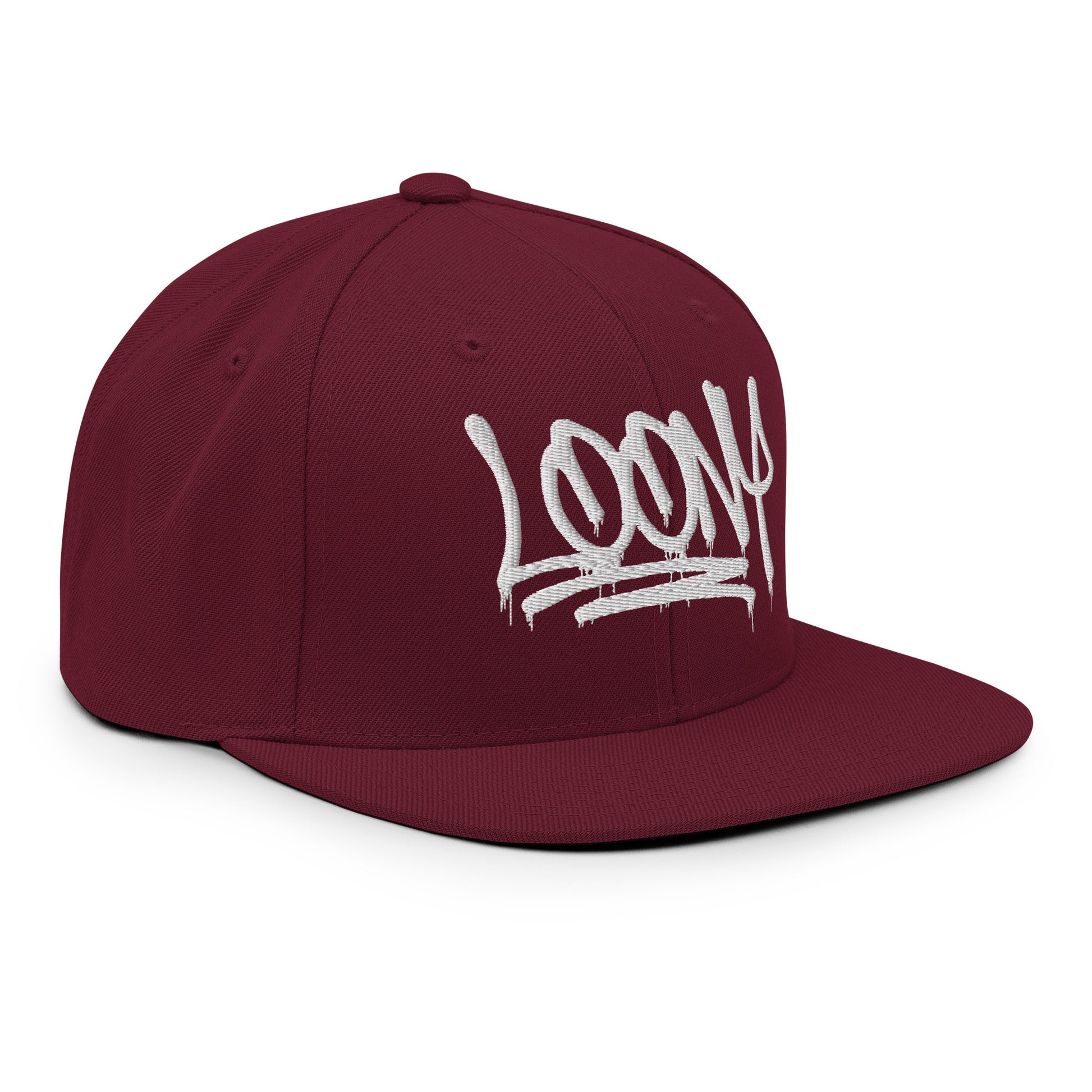 Maroon-Loony Graffiti Tag Snapback Hat from B.Different Clothing, 3/4 right view, graffiti-inspired streetwear