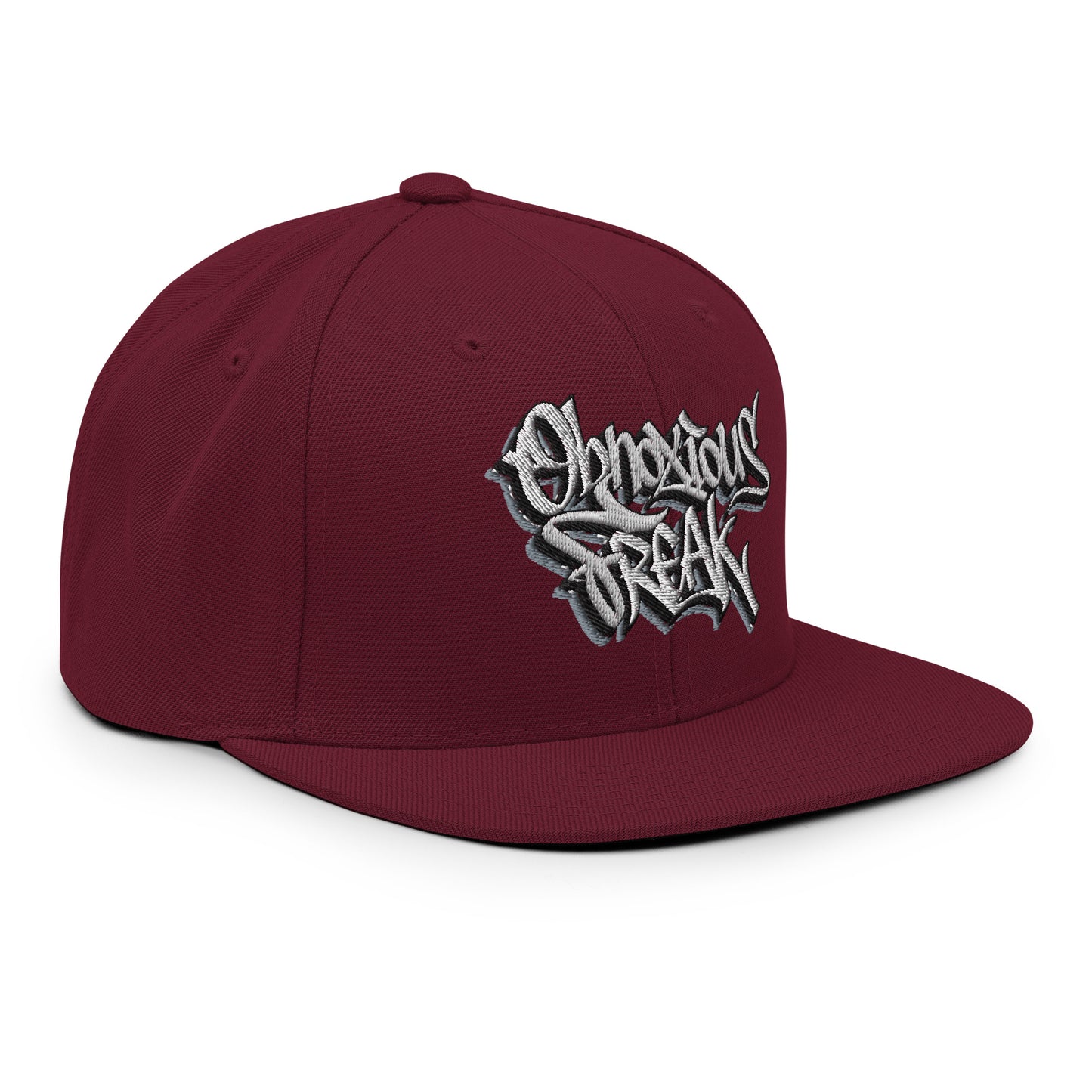 Maroon-Obnoxious Freak Graffiti Snapback Hat from B.Different Clothing, 3/4 right view, graffiti-inspired streetwear