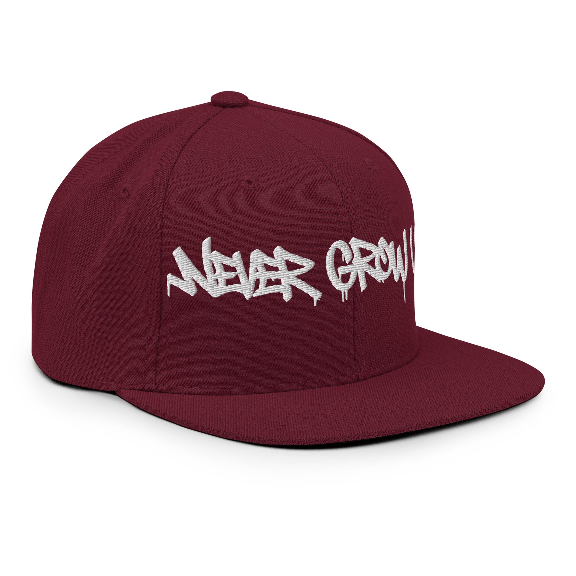 Maroon-Never Grow Up Graffiti Snapback Hat from B.Different Clothing, right front, graffiti-inspired streetwear