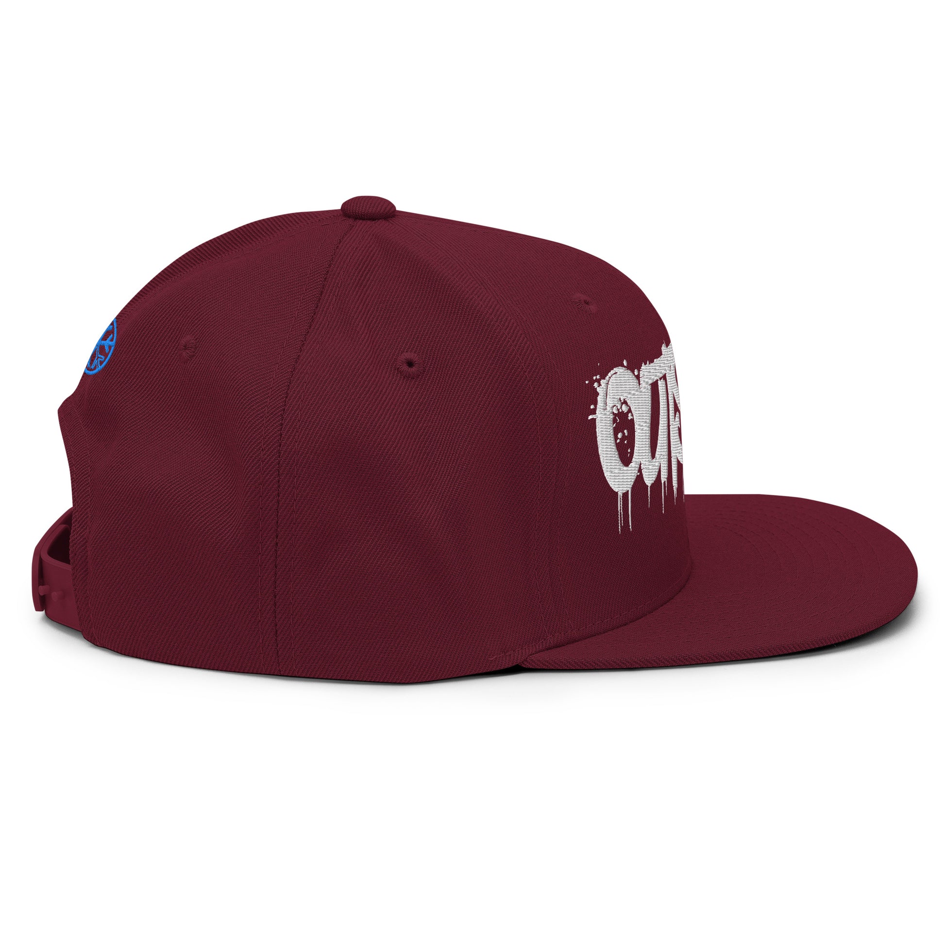 Maroon-Outsider Graffiti Tag Snapback Hat from B.Different Clothing, right view, graffiti-inspired streetwear