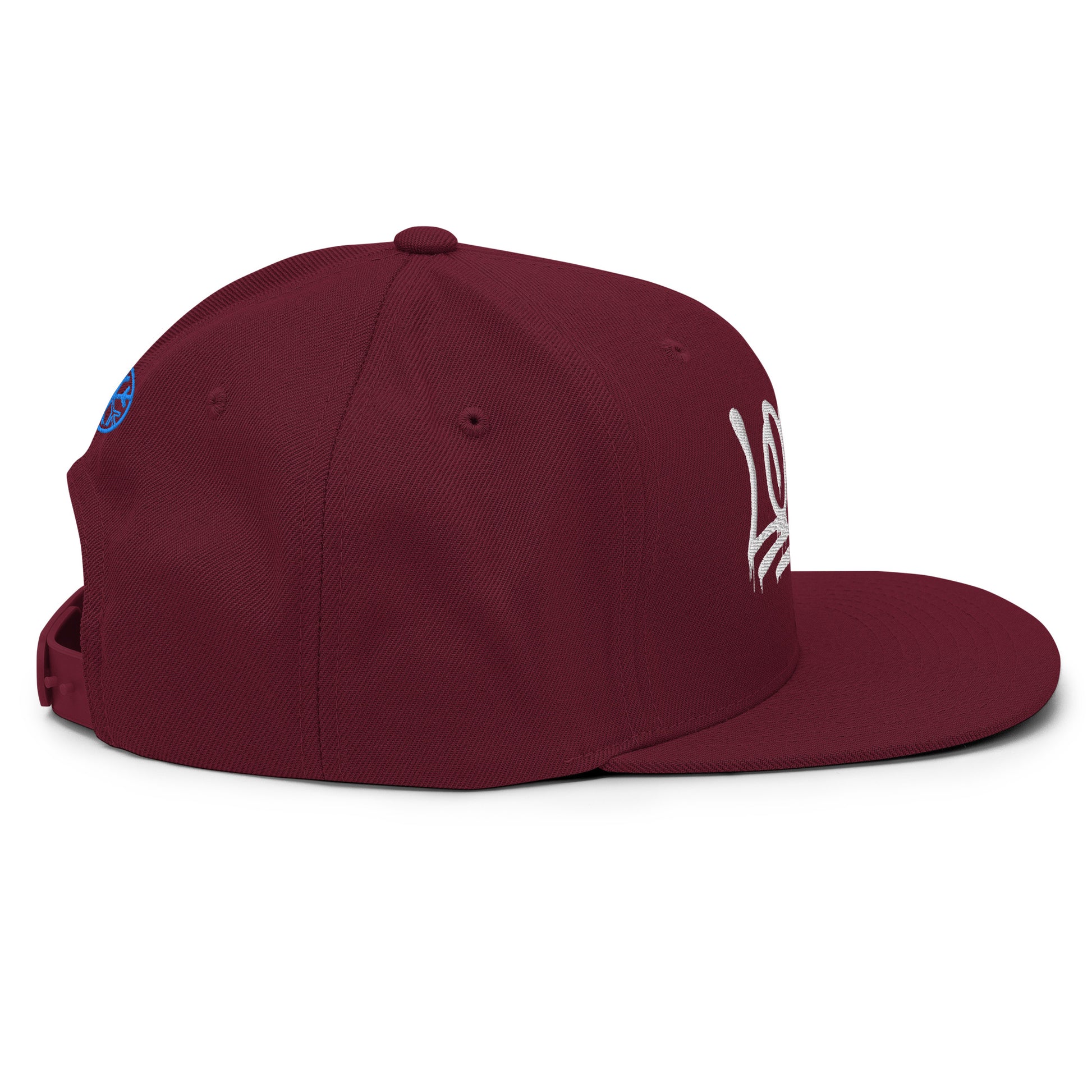 Maroon-Loony Graffiti Tag Snapback Hat from B.Different Clothing, right view, graffiti-inspired streetwear