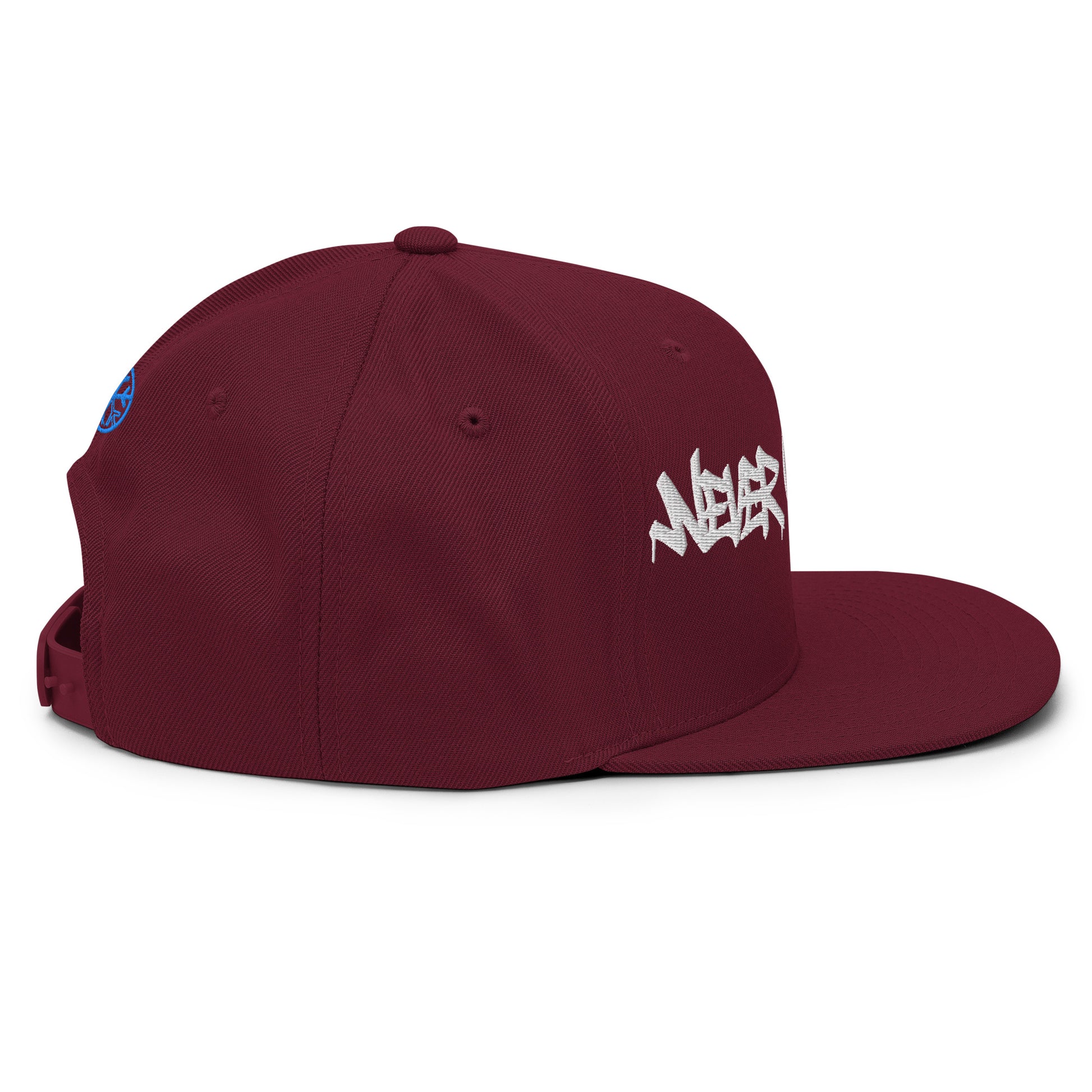 Maroon-Never Grow Up Graffiti Snapback Hat from B.Different Clothing, right side, graffiti-inspired streetwear
