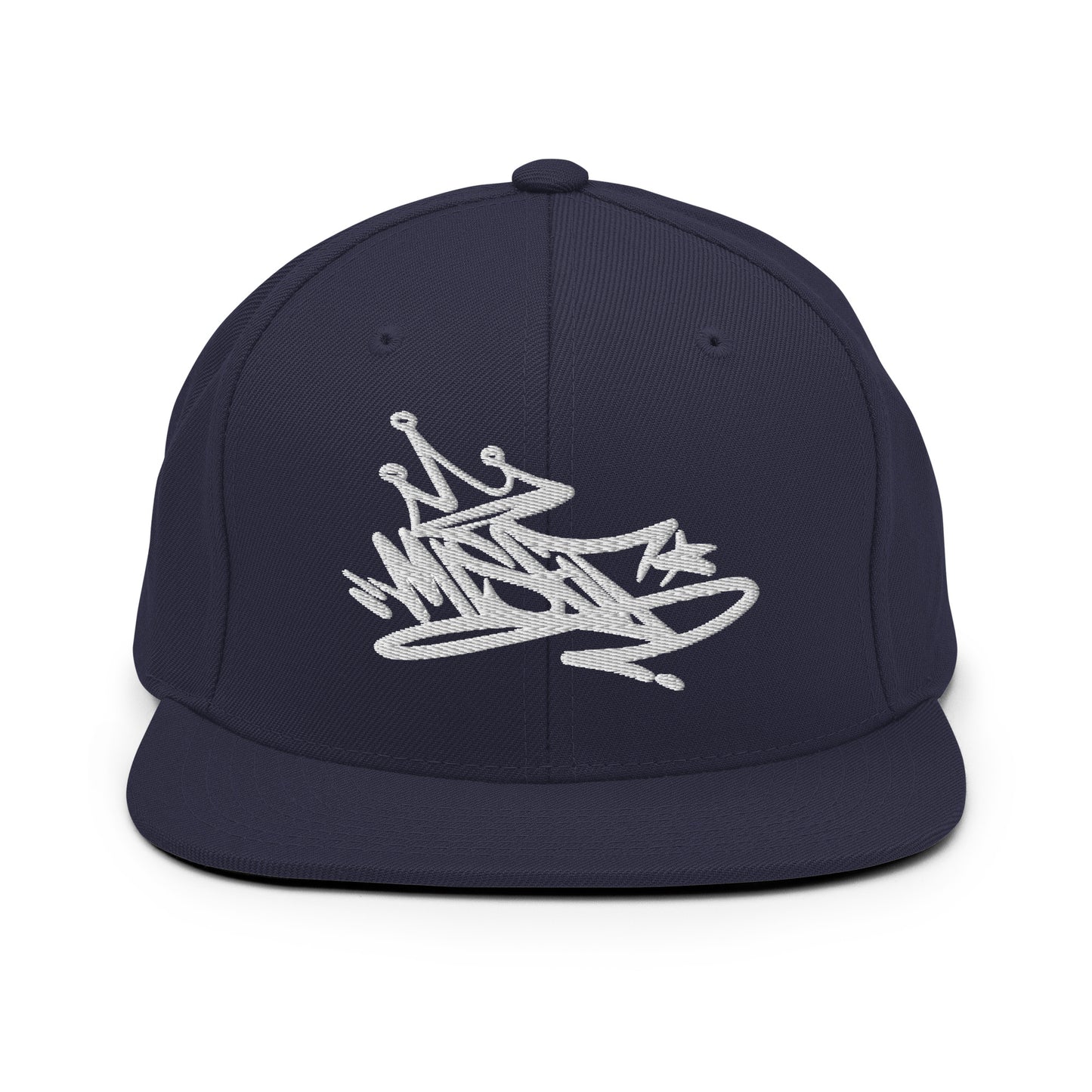 Navy-Misfit Graffiti Tag Snapback Hat from B.Different Clothing, front view, graffiti-inspired streetwear