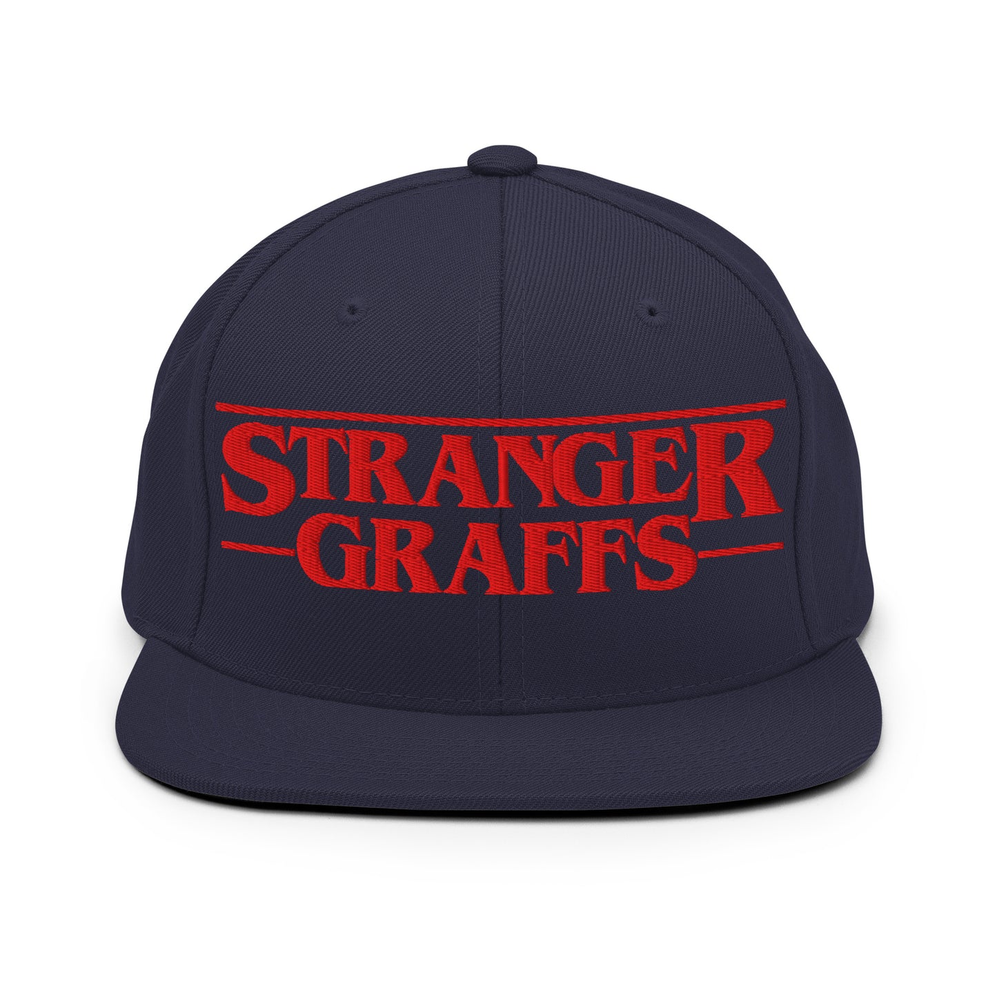 Navy-Stranger Graffs Snapback Hat from B.Different Clothing, front view, graffiti-inspired streetwear