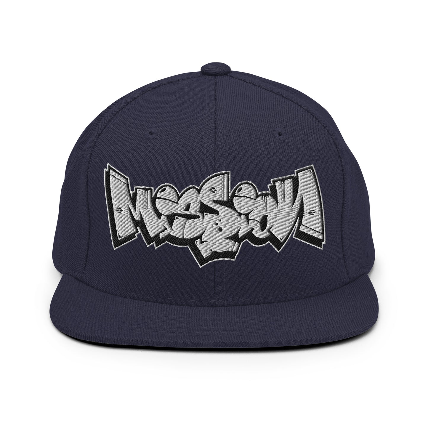 Navy-Mission Graffiti Piece Snapback Hat from B.Different Clothing, front view, graffiti-inspired streetwear