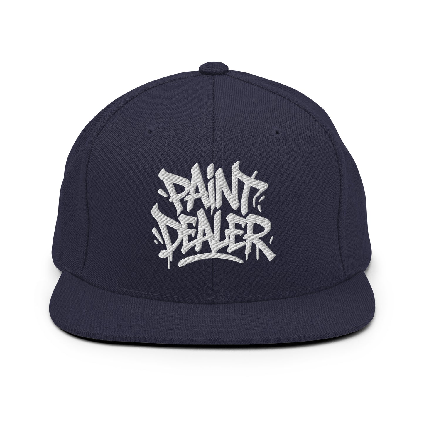 Navy-Paint Dealer Graffiti Tag Snapback Hat from B.Different Clothing, front view, graffiti-inspired streetwear