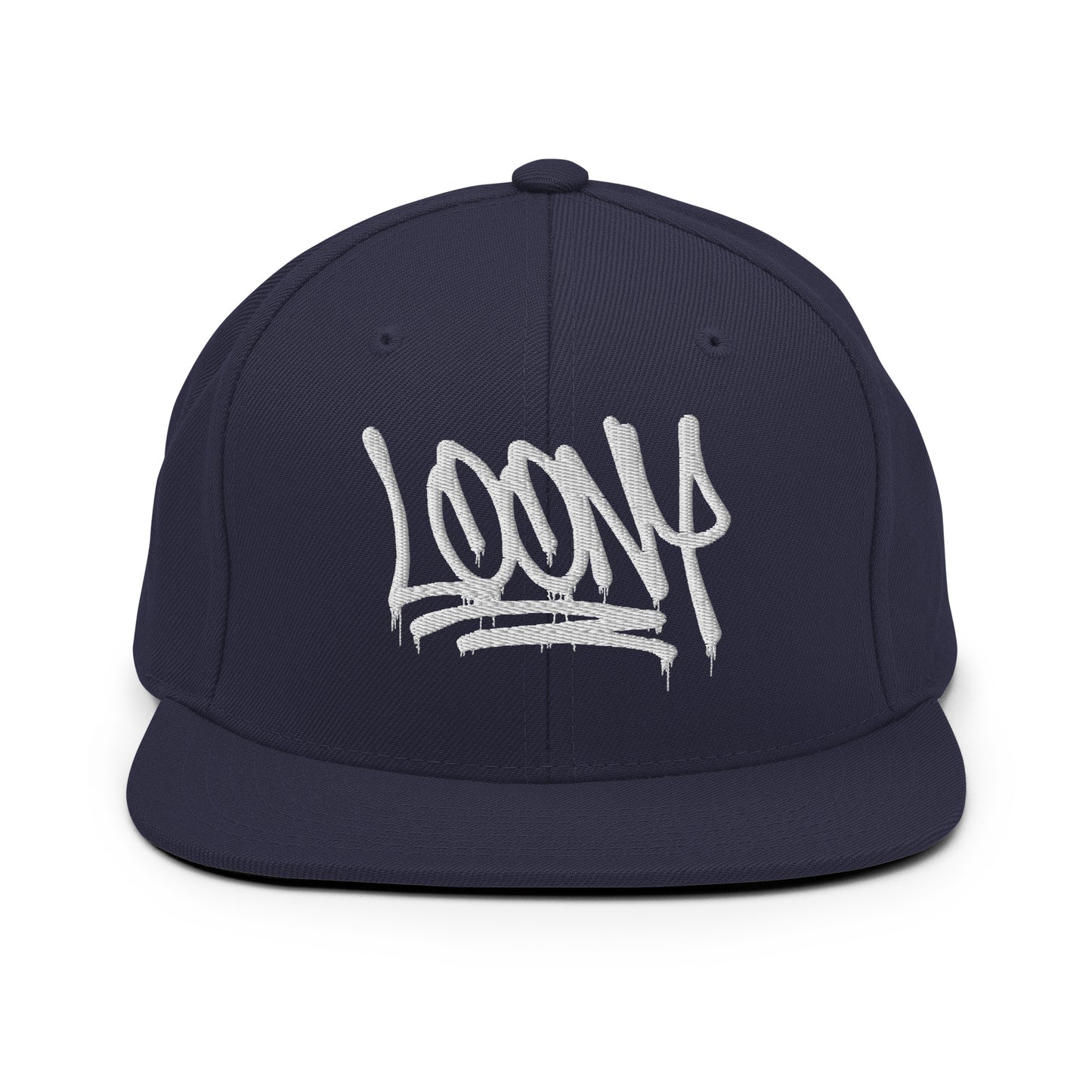 Navy-Loony Graffiti Tag Snapback Hat from B.Different Clothing, front view, graffiti-inspired streetwear