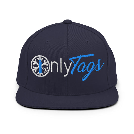 Navy-Only Tags Graffiti Snapback Hat from B.Different Clothing, front view, graffiti-inspired streetwear