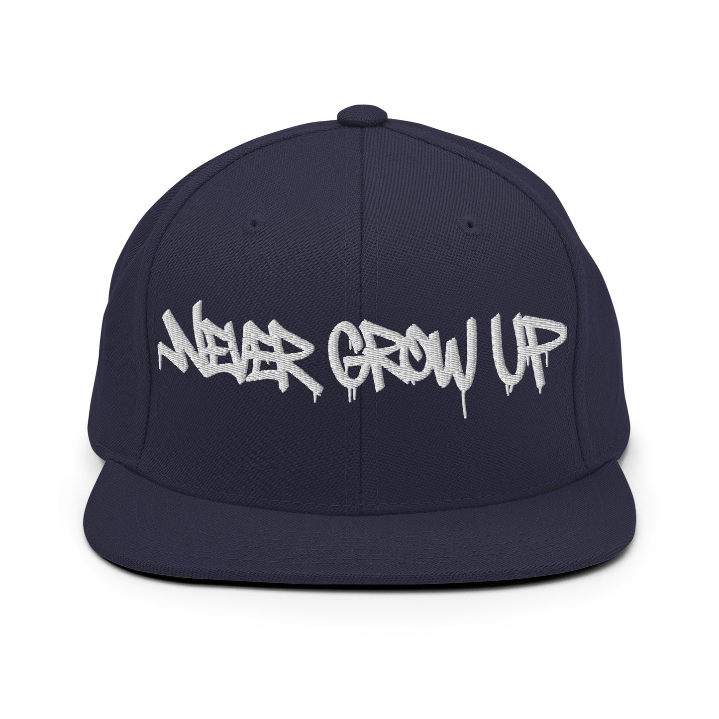 Navy-Never Grow Up Graffiti Snapback Hat from B.Different Clothing, front view, graffiti-inspired streetwear
