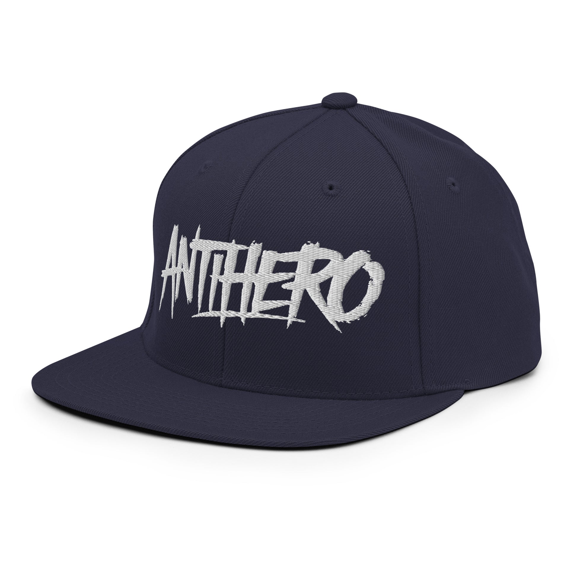 Navy-Antihero Graffiti Tag Snapback Hat from B.Different Clothing, 3/4 left view, graffiti-inspired streetwear