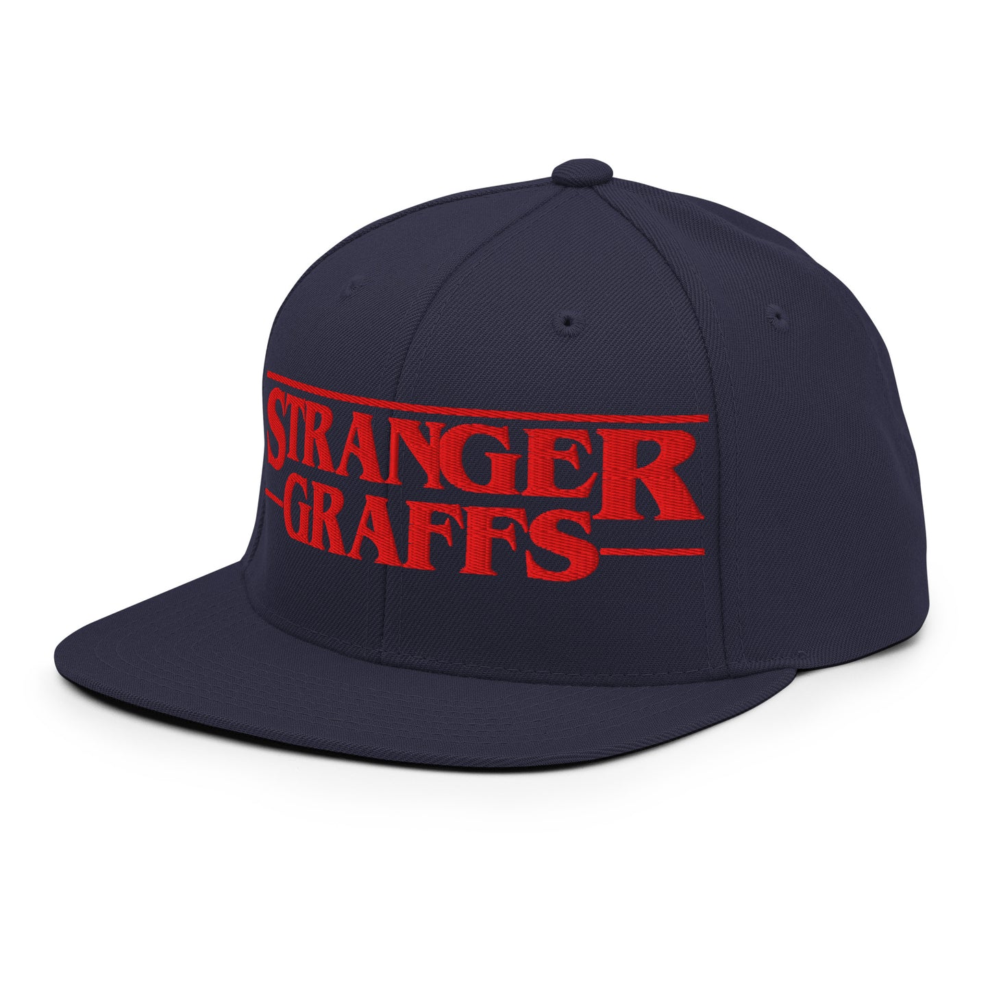 Navy-Stranger Graffs Snapback Hat from B.Different Clothing, 3/4 left view, graffiti-inspired streetwear