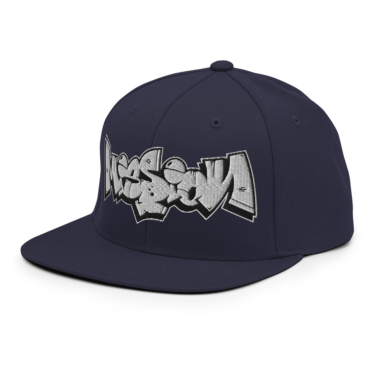 Navy-Mission Graffiti Piece Snapback Hat from B.Different Clothing, 3/4 left view, graffiti-inspired streetwear