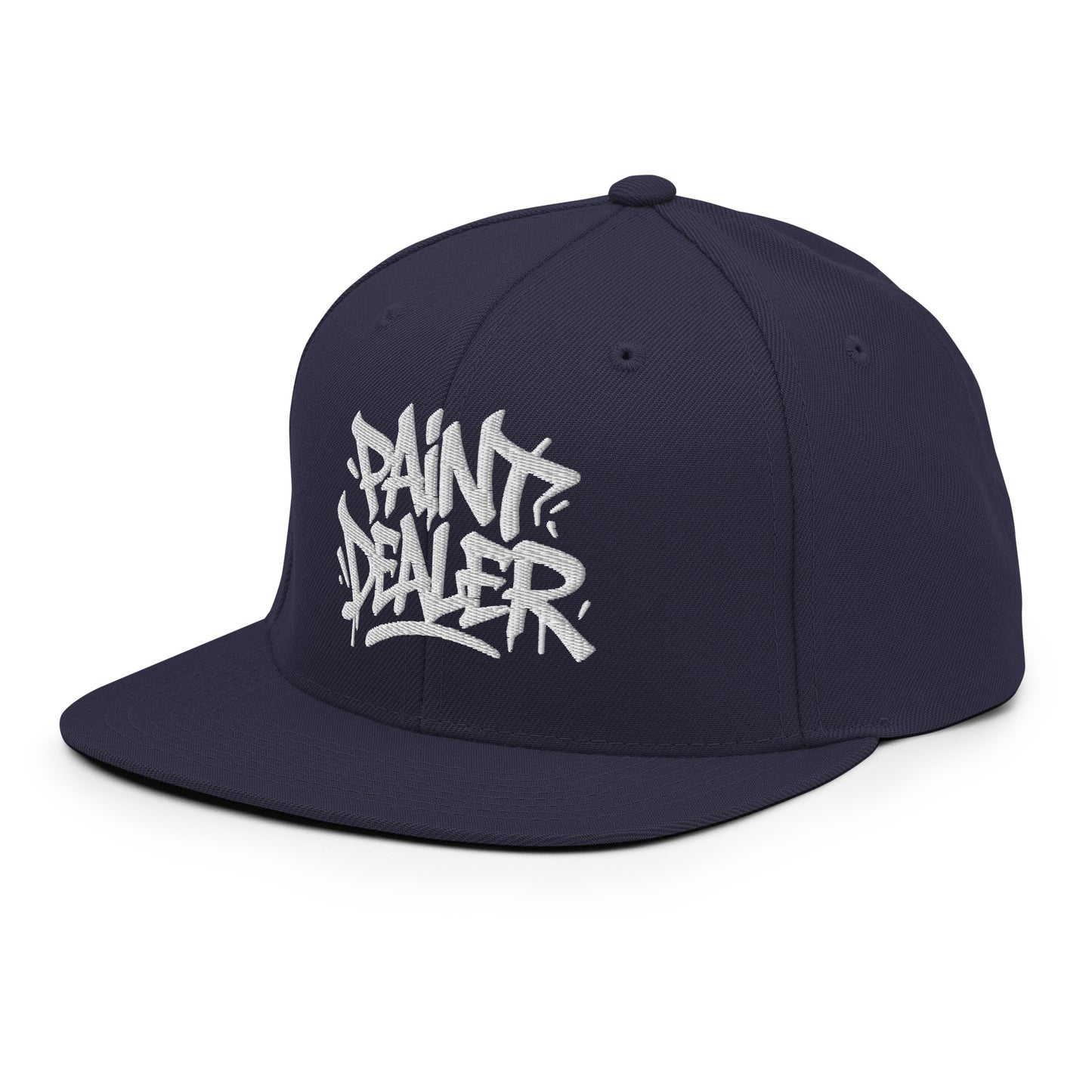 Navy-Paint Dealer Graffiti Tag Snapback Hat from B.Different Clothing, 3/4 left view, graffiti-inspired streetwear
