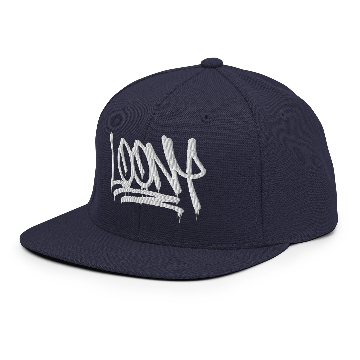 Navy-Loony Graffiti Tag Snapback Hat from B.Different Clothing, 3/4 left view, graffiti-inspired streetwear