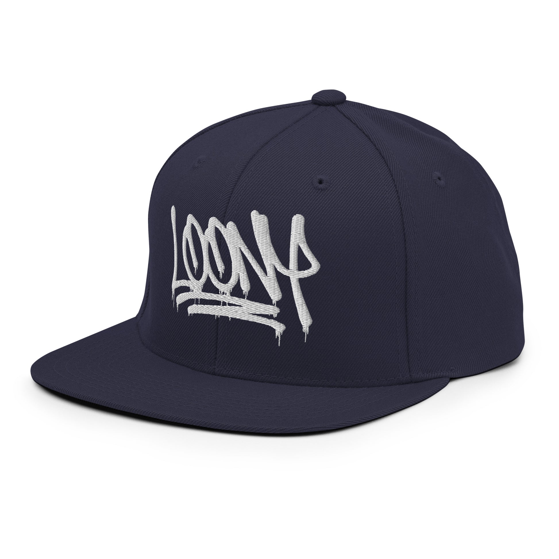 Navy-Loony Graffiti Tag Snapback Hat from B.Different Clothing, 3/4 left view, graffiti-inspired streetwear