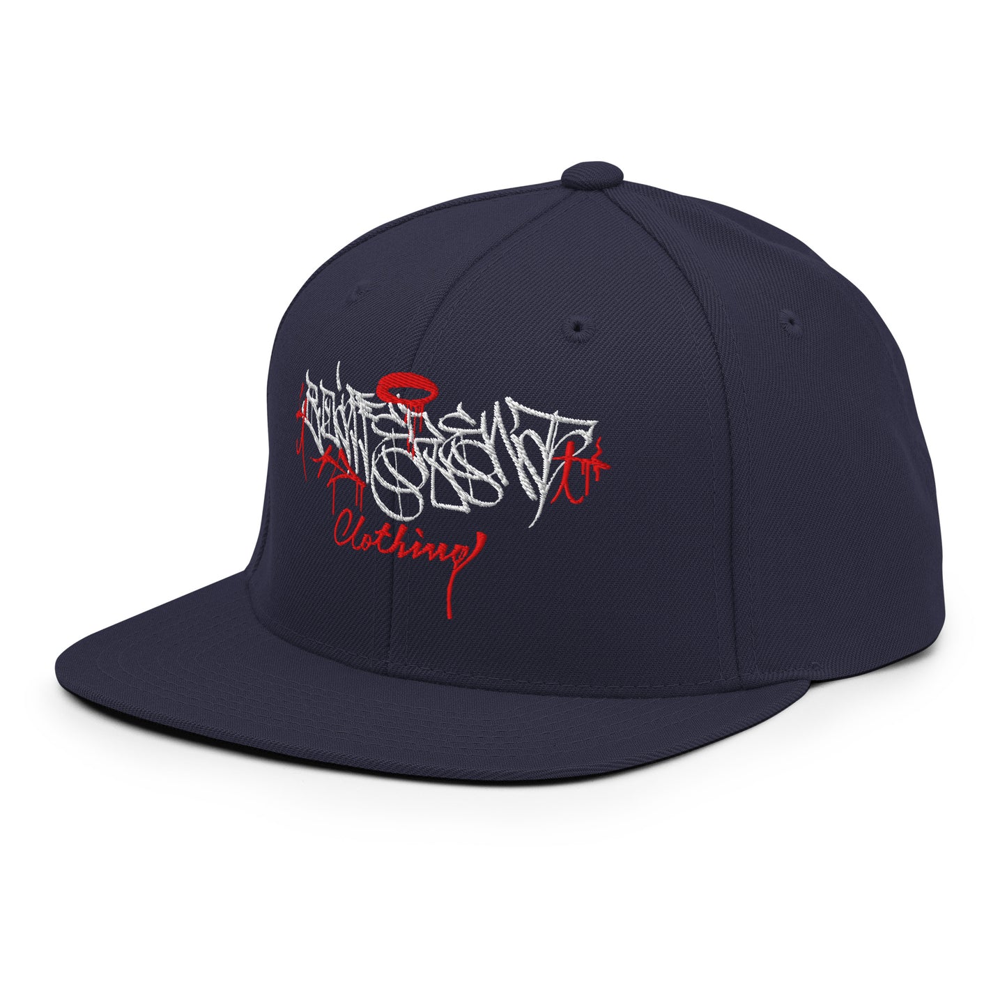 Navy-Caos One Collab Graffiti Snapback Hat from B.Different Clothing, 3/4 left view, graffiti-inspired streetwear