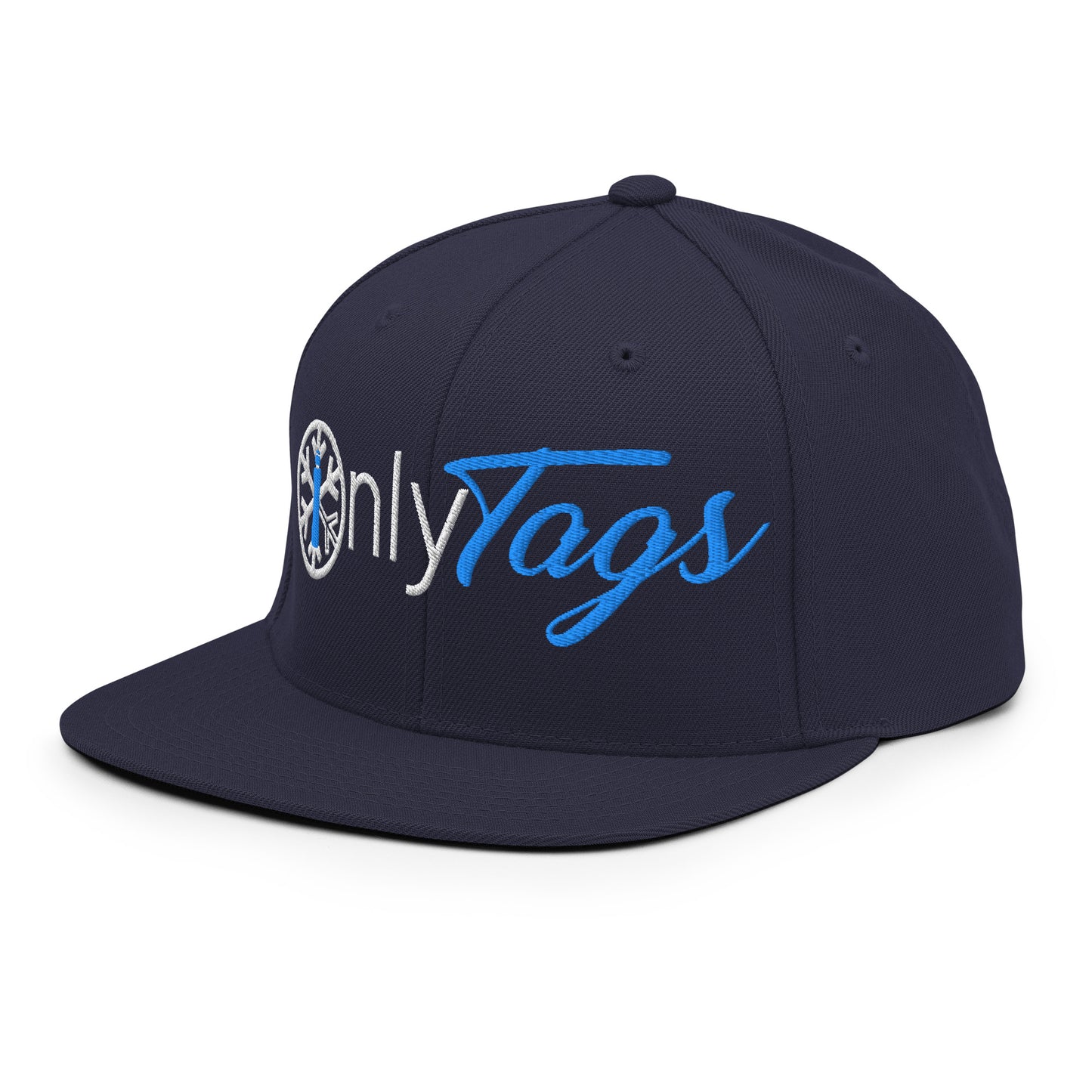 Navy-Only Tags Graffiti Snapback Hat from B.Different Clothing, 3/4 left view, graffiti-inspired streetwear