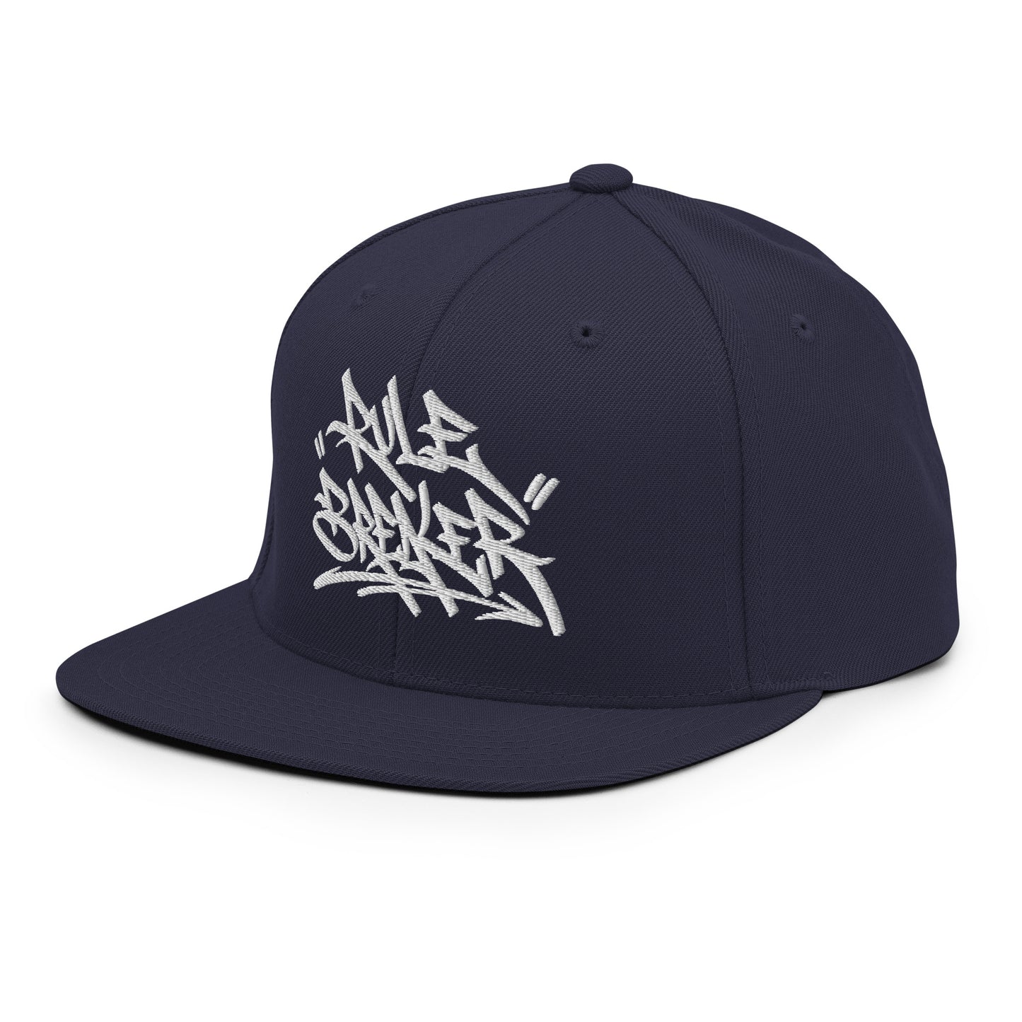 Navy-Rule Breaker Graffiti Tag Snapback Hat from B.Different Clothing, left front, graffiti-inspired streetwear