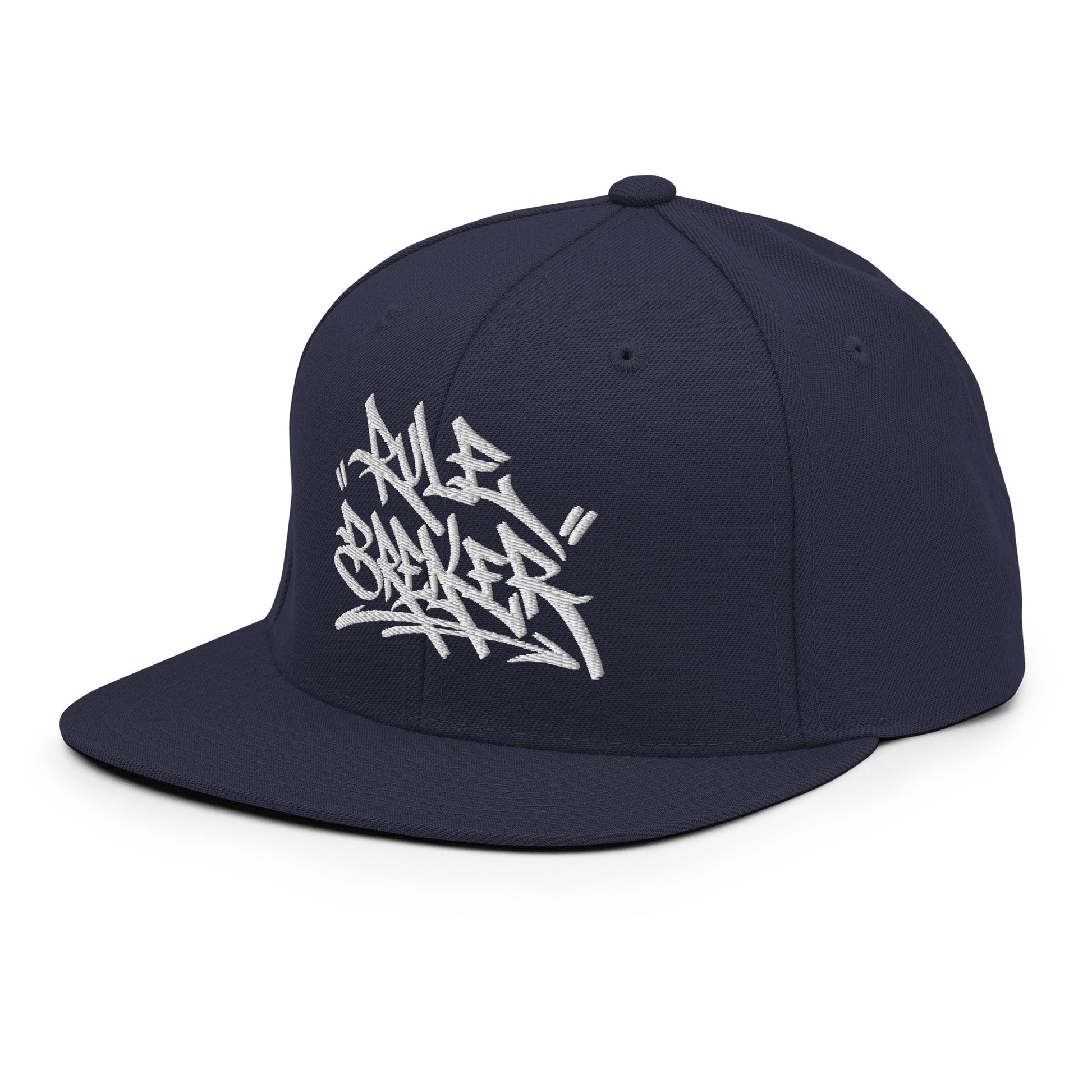 Navy-Rule Breaker Graffiti Tag Snapback Hat from B.Different Clothing, left front, graffiti-inspired streetwear