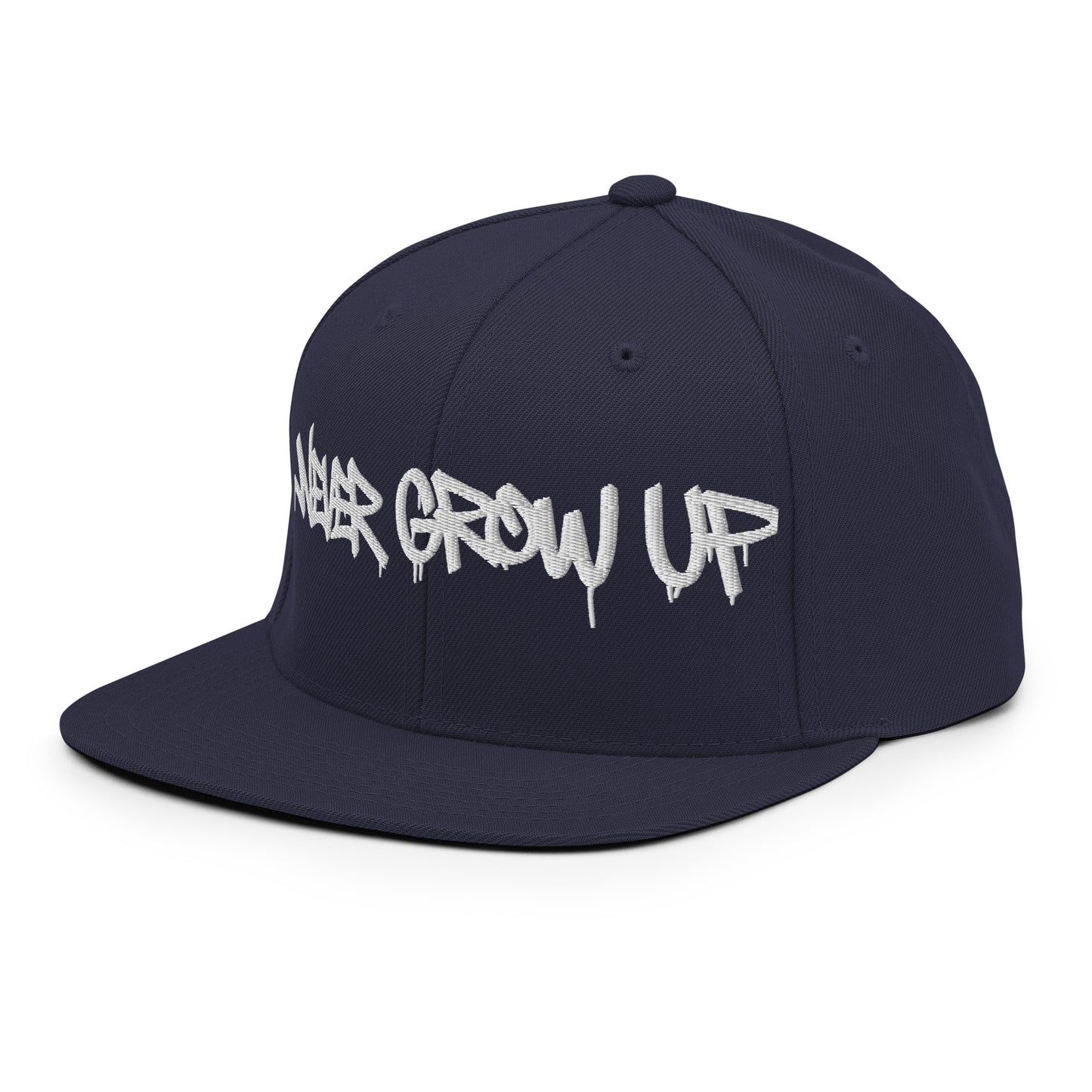 Navy-Never Grow Up Graffiti Snapback Hat from B.Different Clothing, left front, graffiti-inspired streetwear