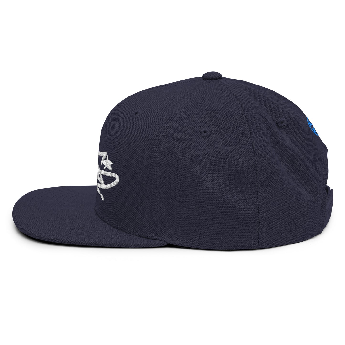 Navy-Misfit Graffiti Tag Snapback Hat from B.Different Clothing, left view, graffiti-inspired streetwear