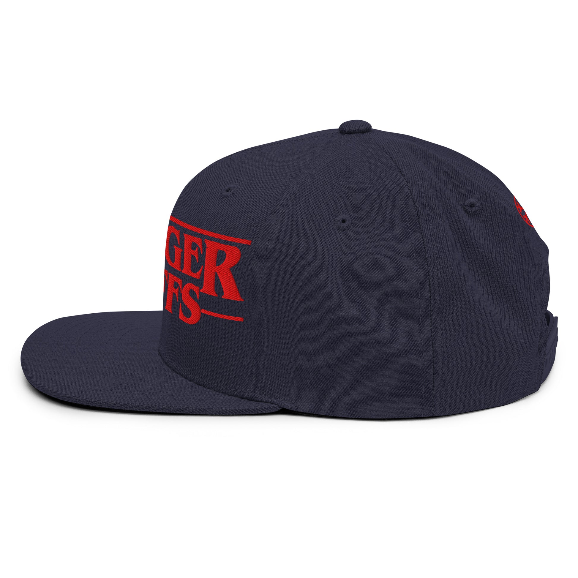 Navy-Stranger Graffs Snapback Hat from B.Different Clothing, left view, graffiti-inspired streetwear