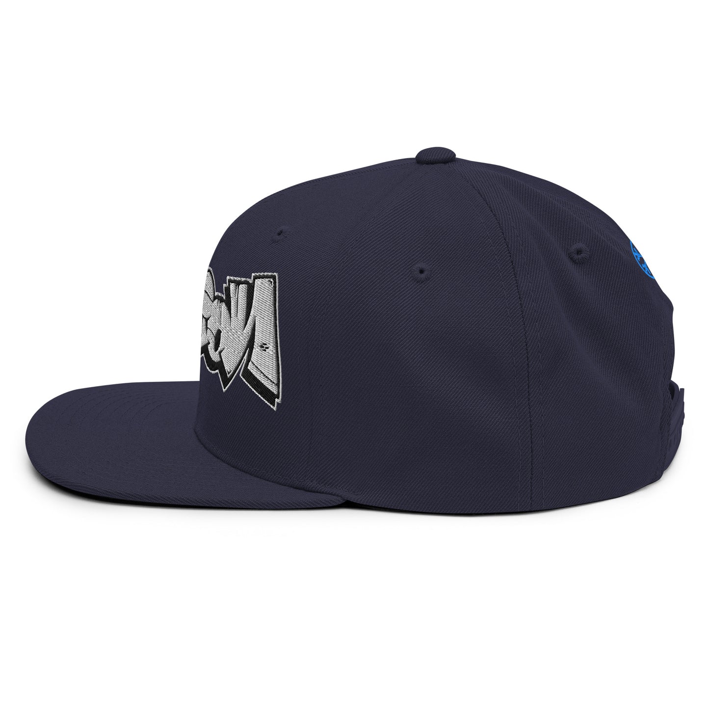 Navy-Mission Graffiti Piece Snapback Hat from B.Different Clothing, left view, graffiti-inspired streetwear