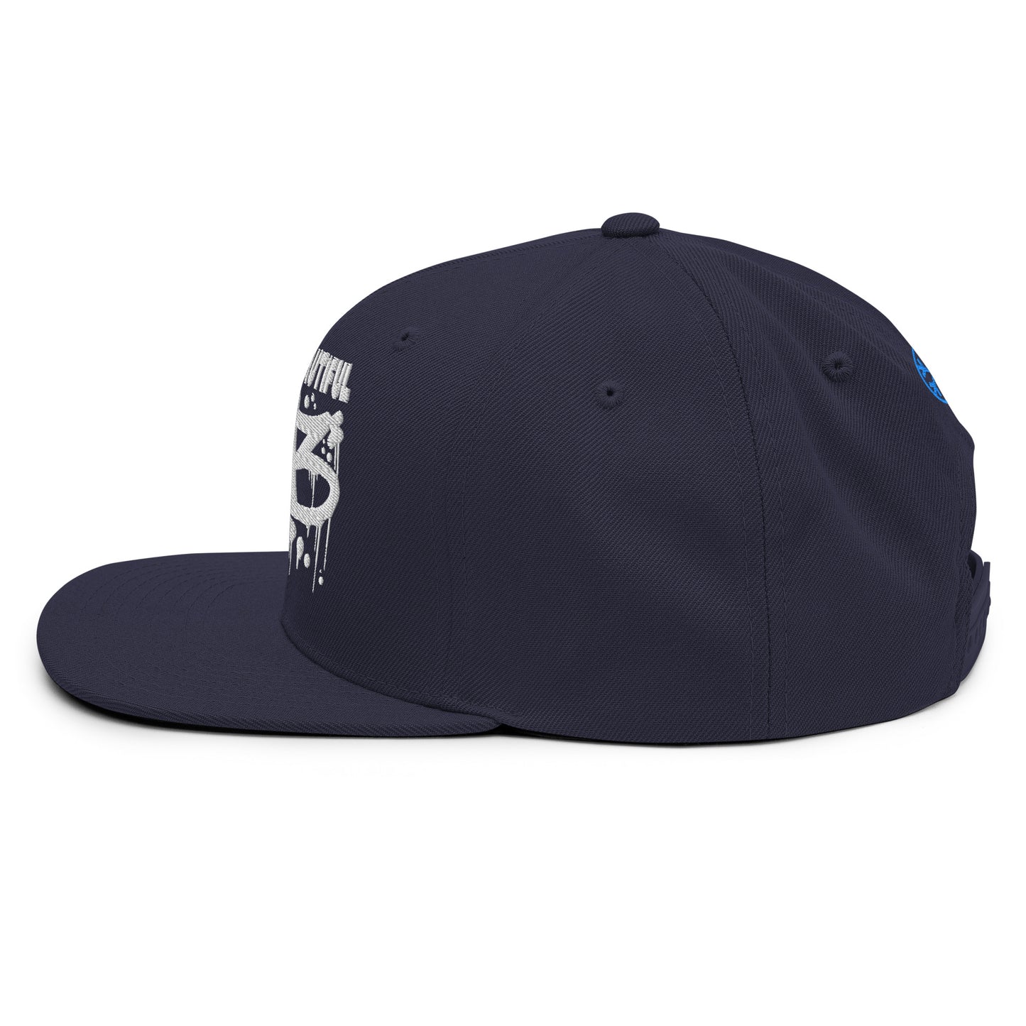 Navy-ACAB Graffiti Tag Snapback Hat from B.Different Clothing, left view, graffiti-inspired streetwear