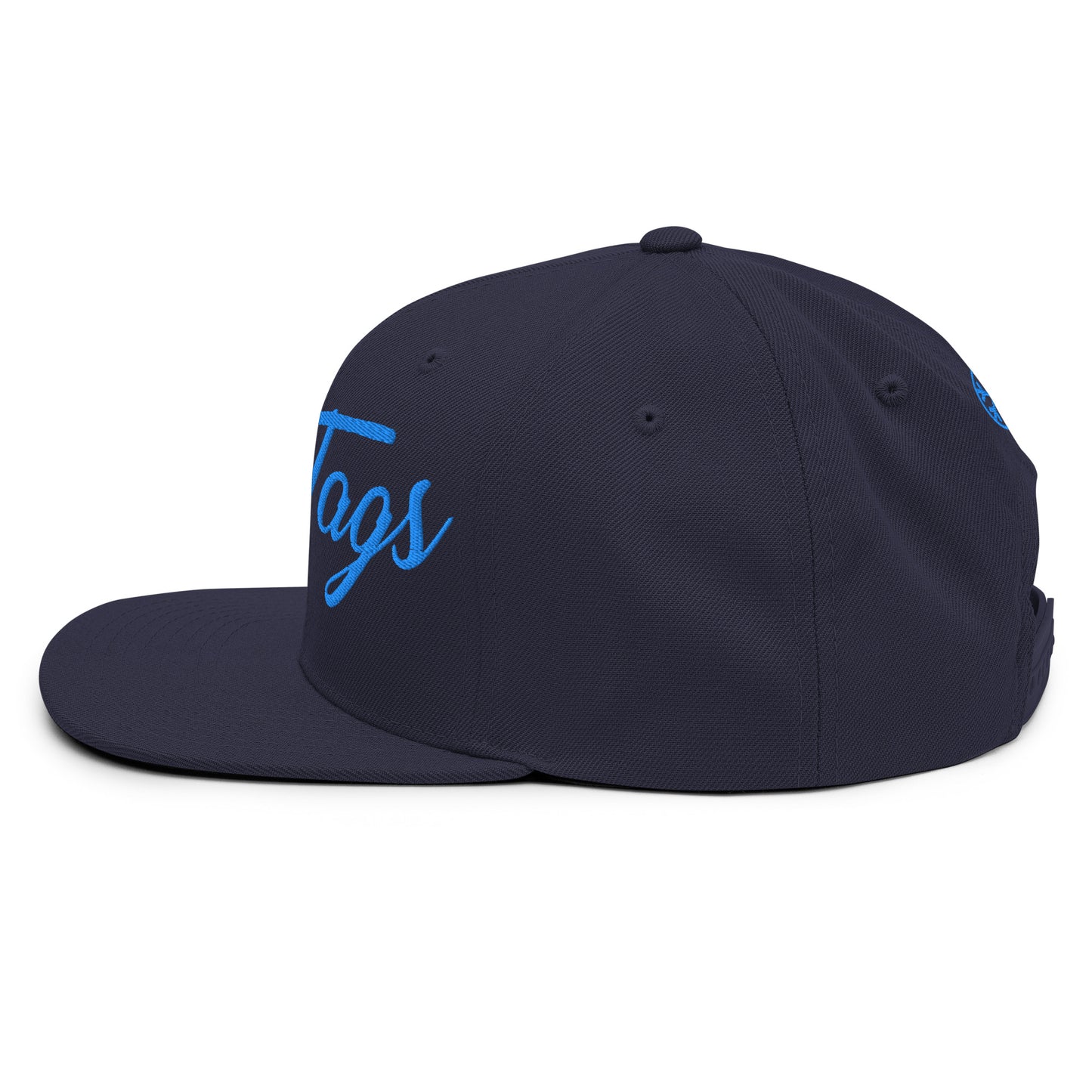 Navy-Only Tags Graffiti Snapback Hat from B.Different Clothing, left view, graffiti-inspired streetwear