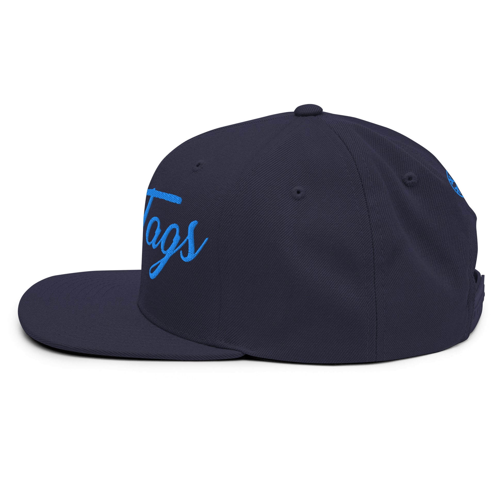 Navy-Only Tags Graffiti Snapback Hat from B.Different Clothing, left view, graffiti-inspired streetwear