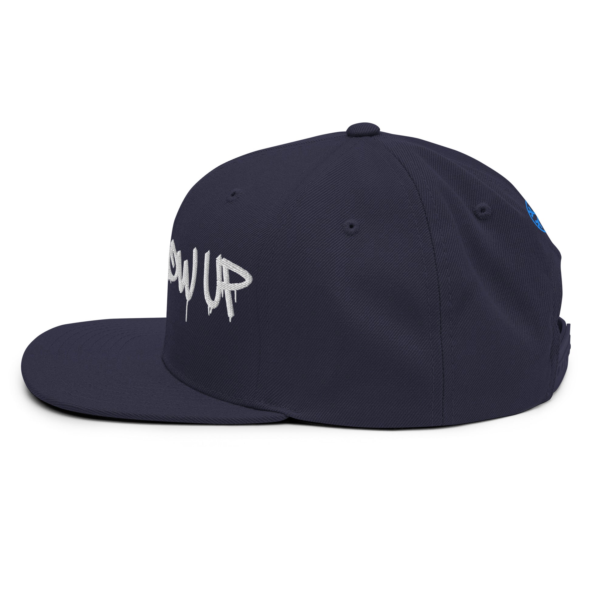 Navy-Never Grow Up Graffiti Snapback Hat from B.Different Clothing, left side, graffiti-inspired streetwear