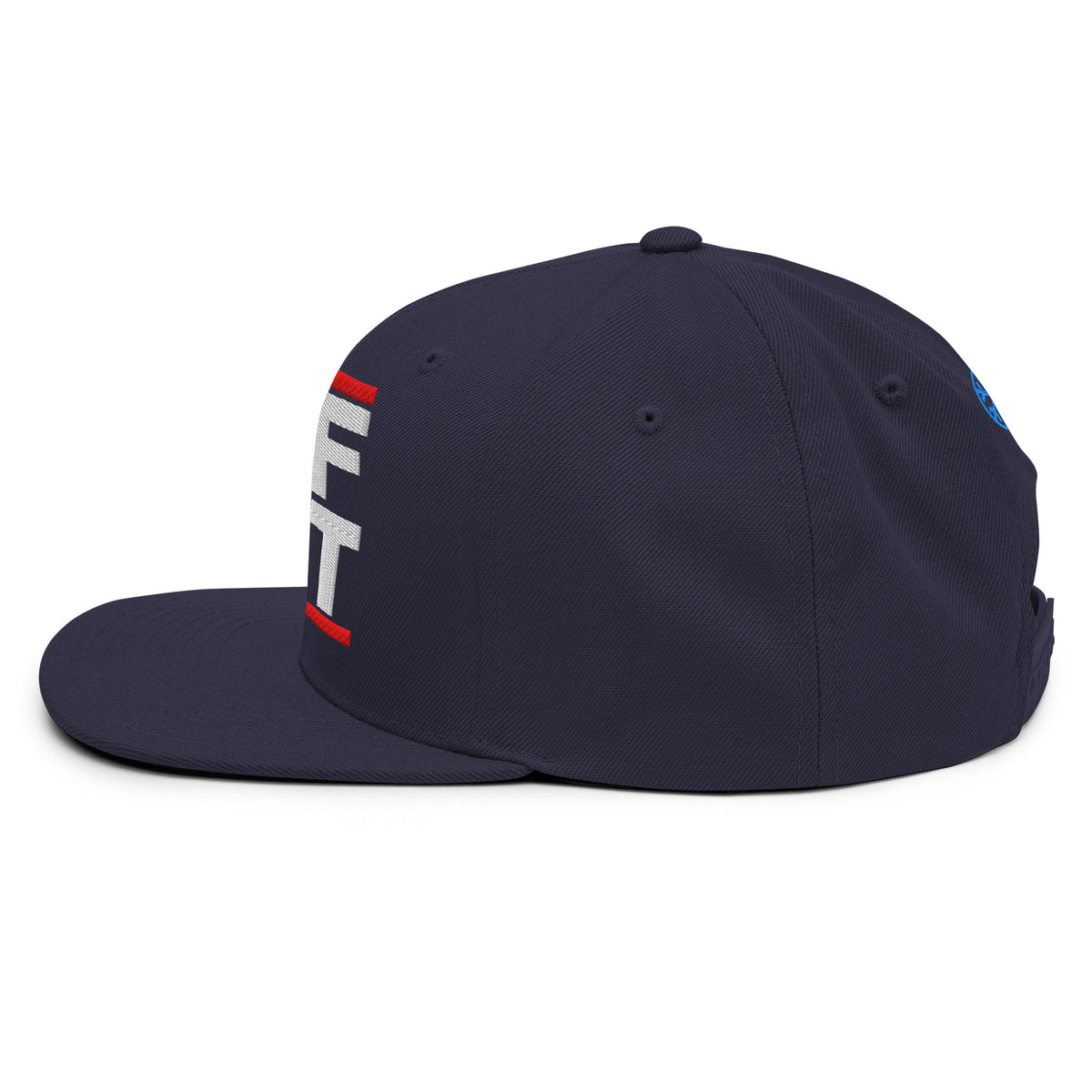 Navy-BDFRNT OG Snapback Hat from B.Different Clothing, left side, graffiti-inspired streetwear