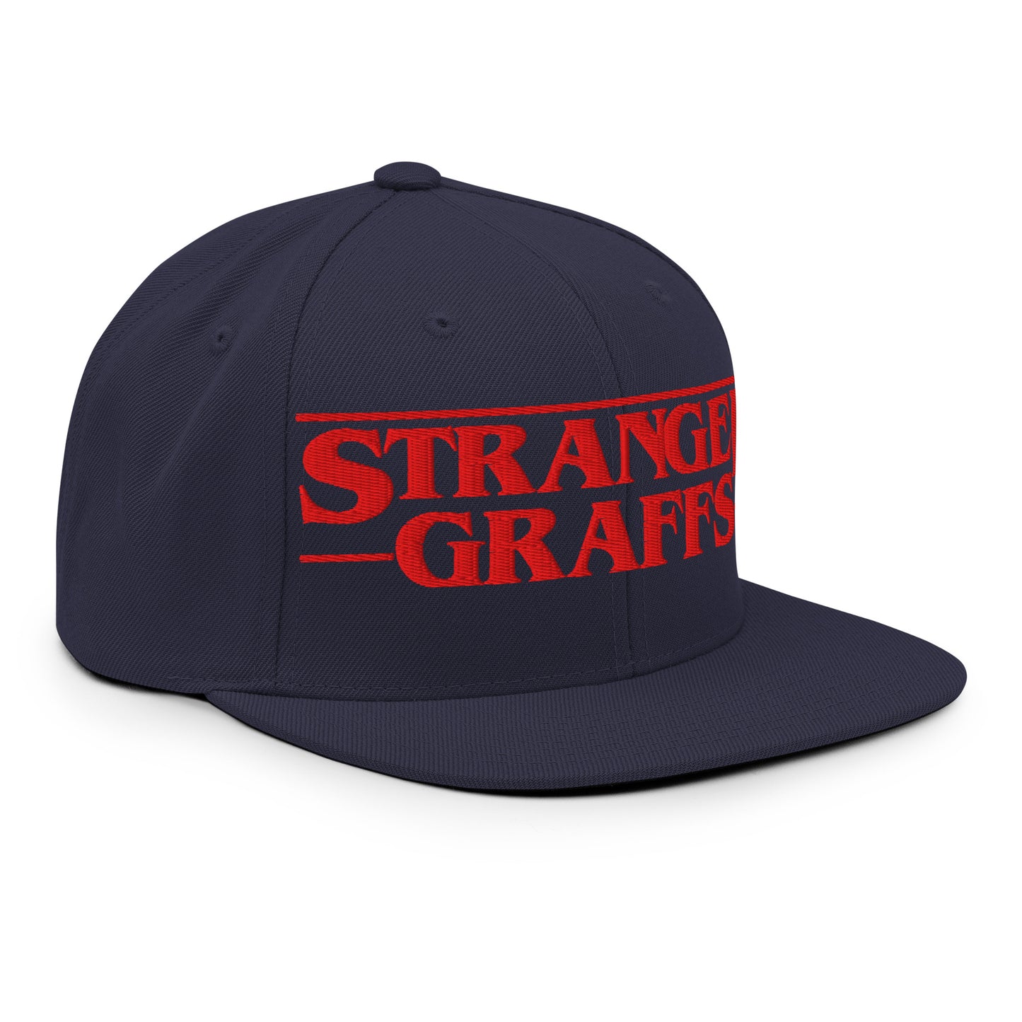 Navy-Stranger Graffs Snapback Hat from B.Different Clothing, 3/4 right view, graffiti-inspired streetwear